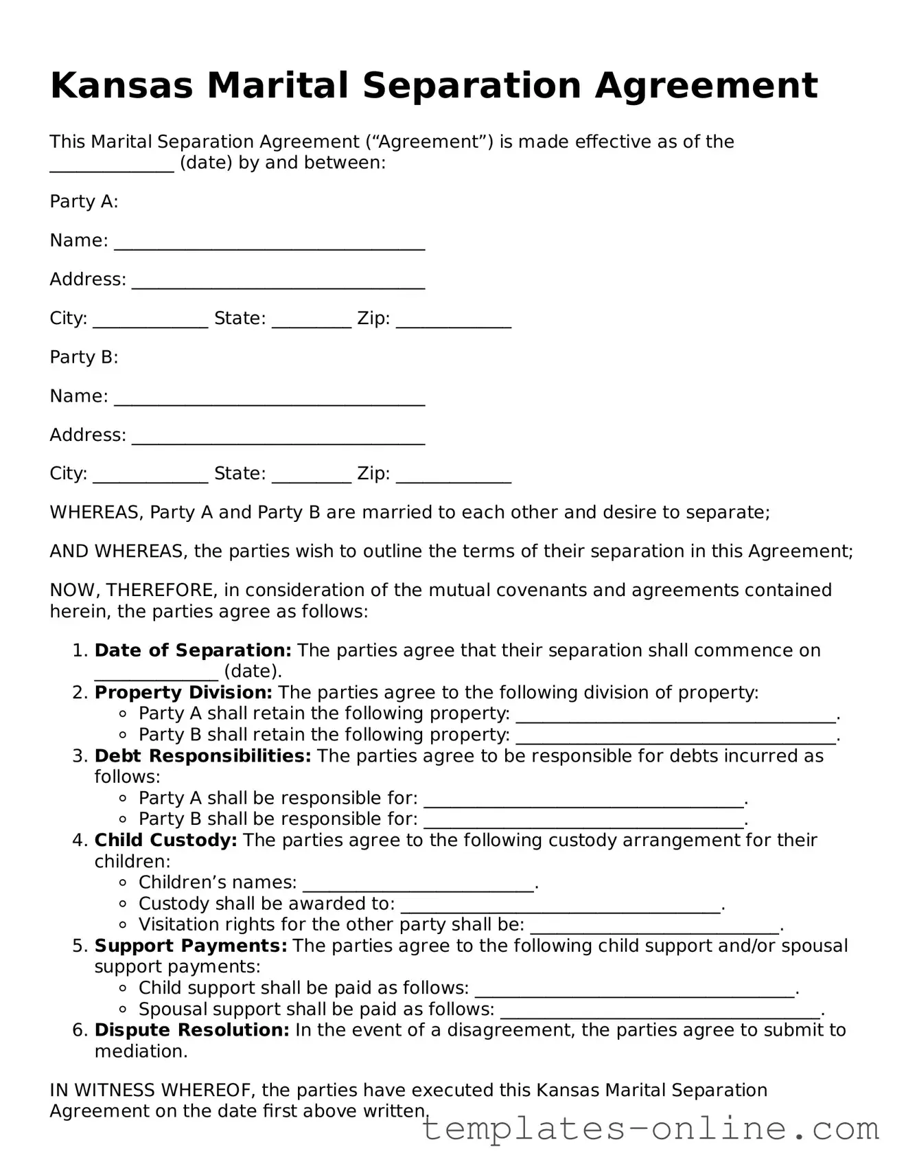 Valid  Marital Separation Agreement Template for Kansas