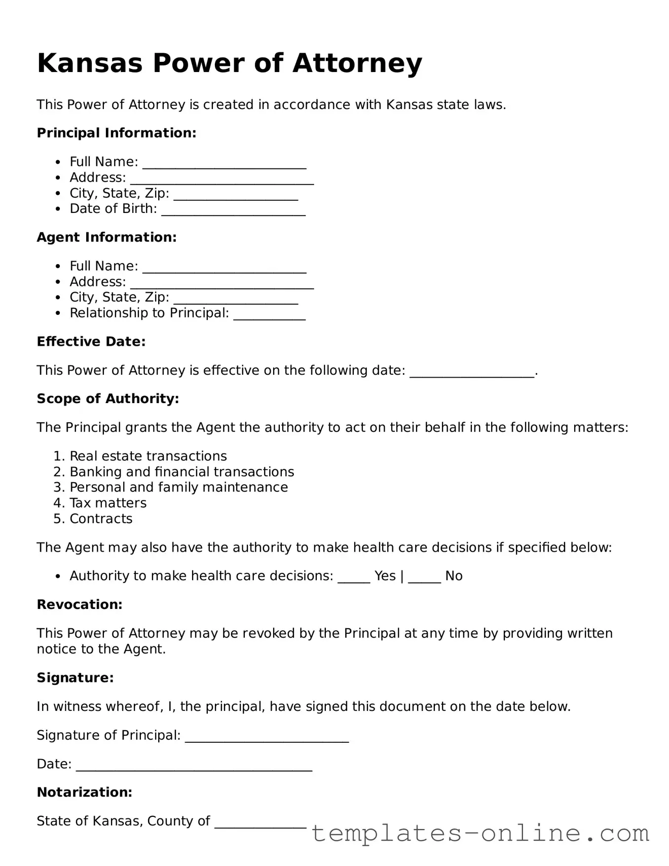Valid  Power of Attorney Template for Kansas