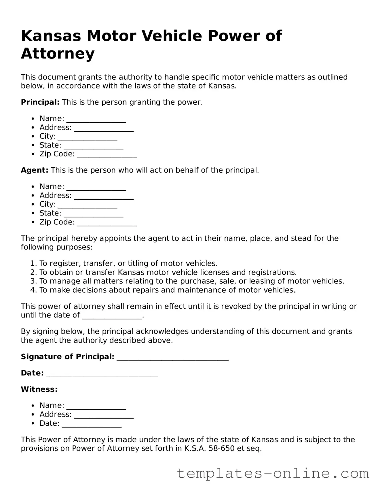 Valid  Motor Vehicle Power of Attorney Template for Kansas