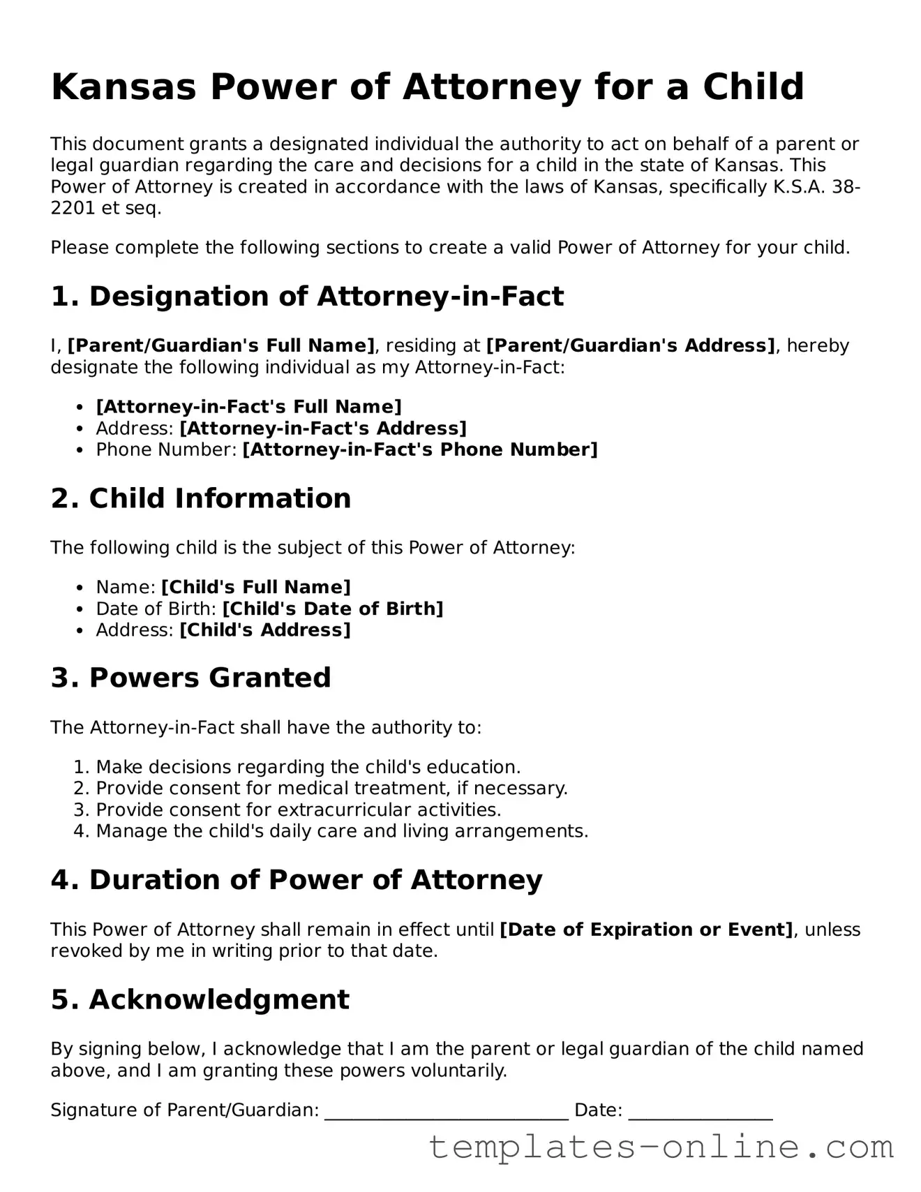 Valid  Power of Attorney for a Child Template for Kansas