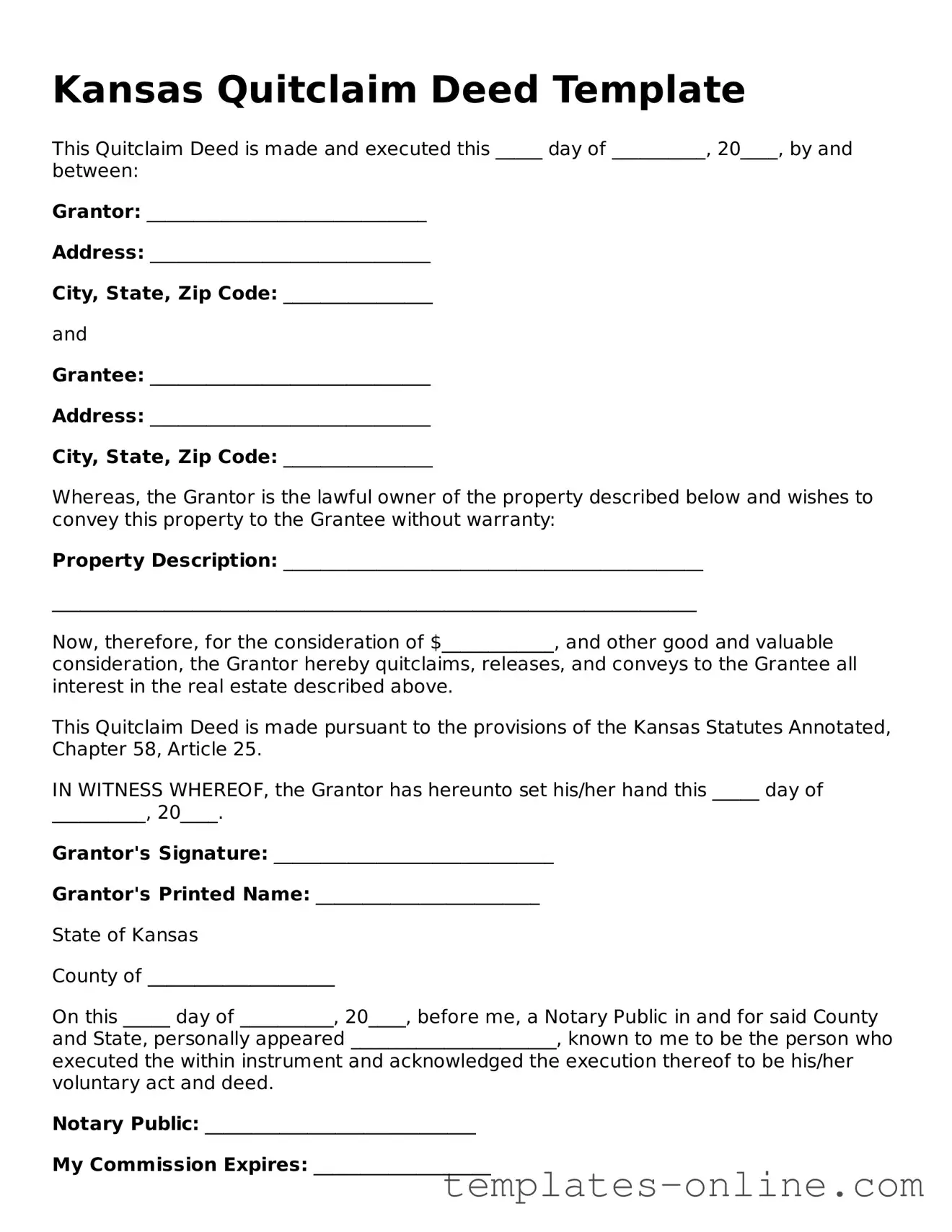 Valid  Quitclaim Deed Template for Kansas