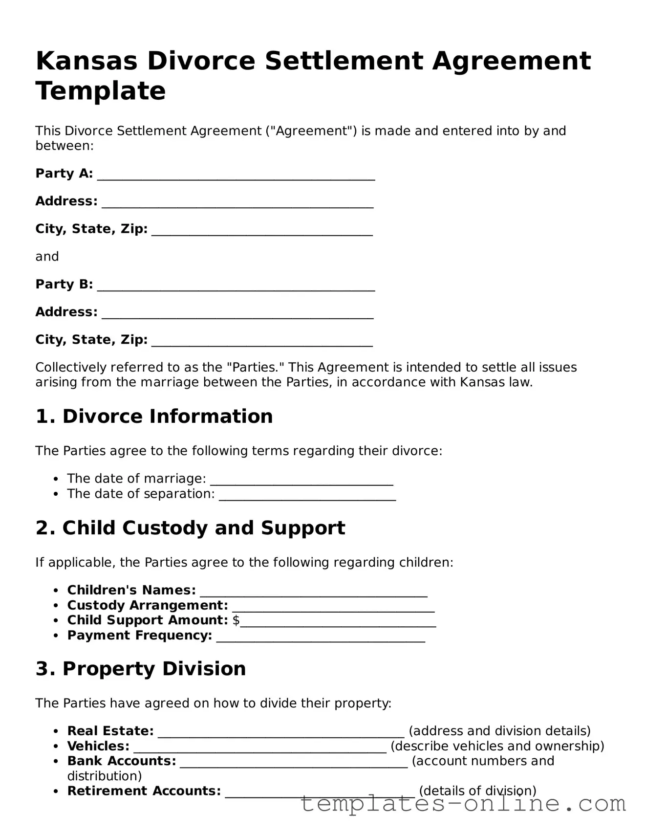 Valid  Divorce Settlement Agreement Template for Kansas