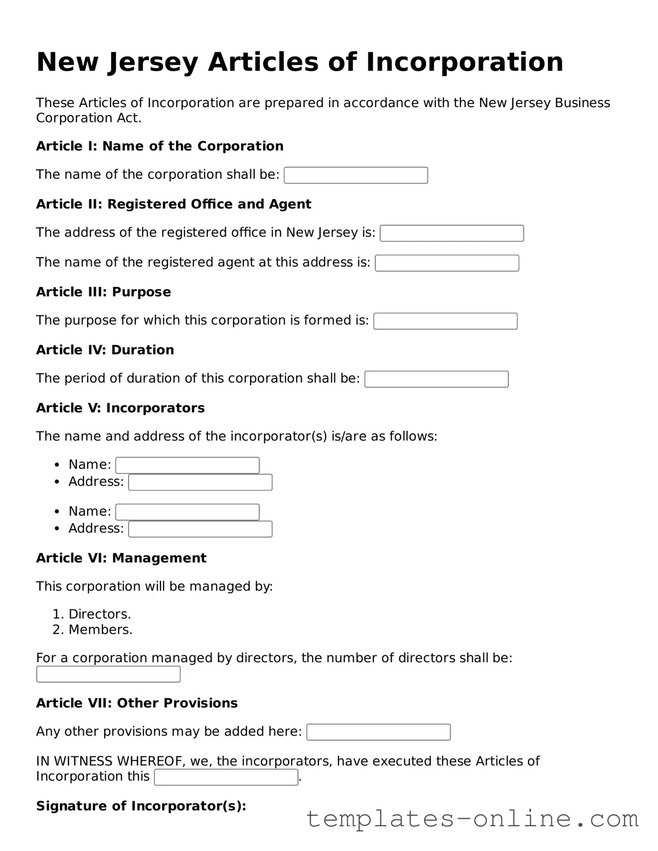 Valid  Articles of Incorporation Template for New Jersey