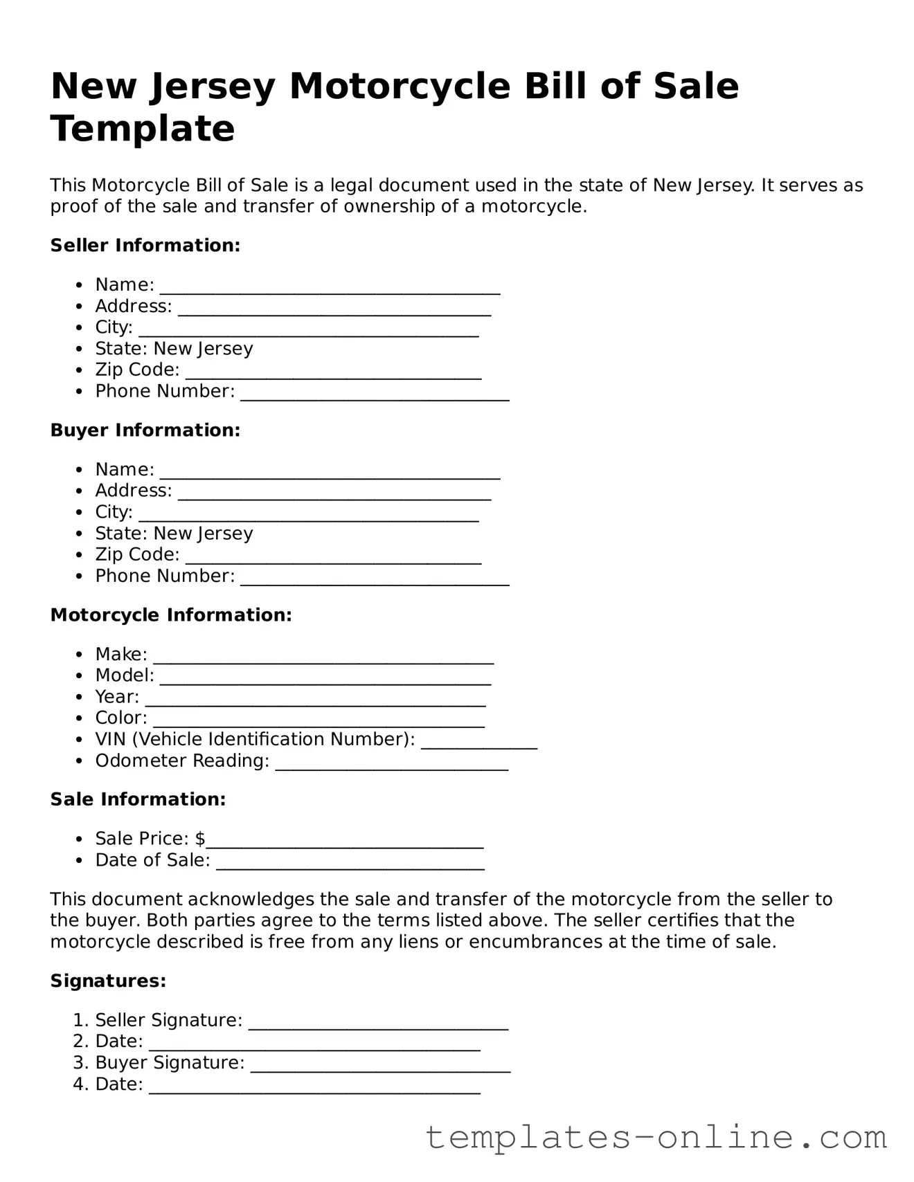 Valid  Motorcycle Bill of Sale Template for New Jersey
