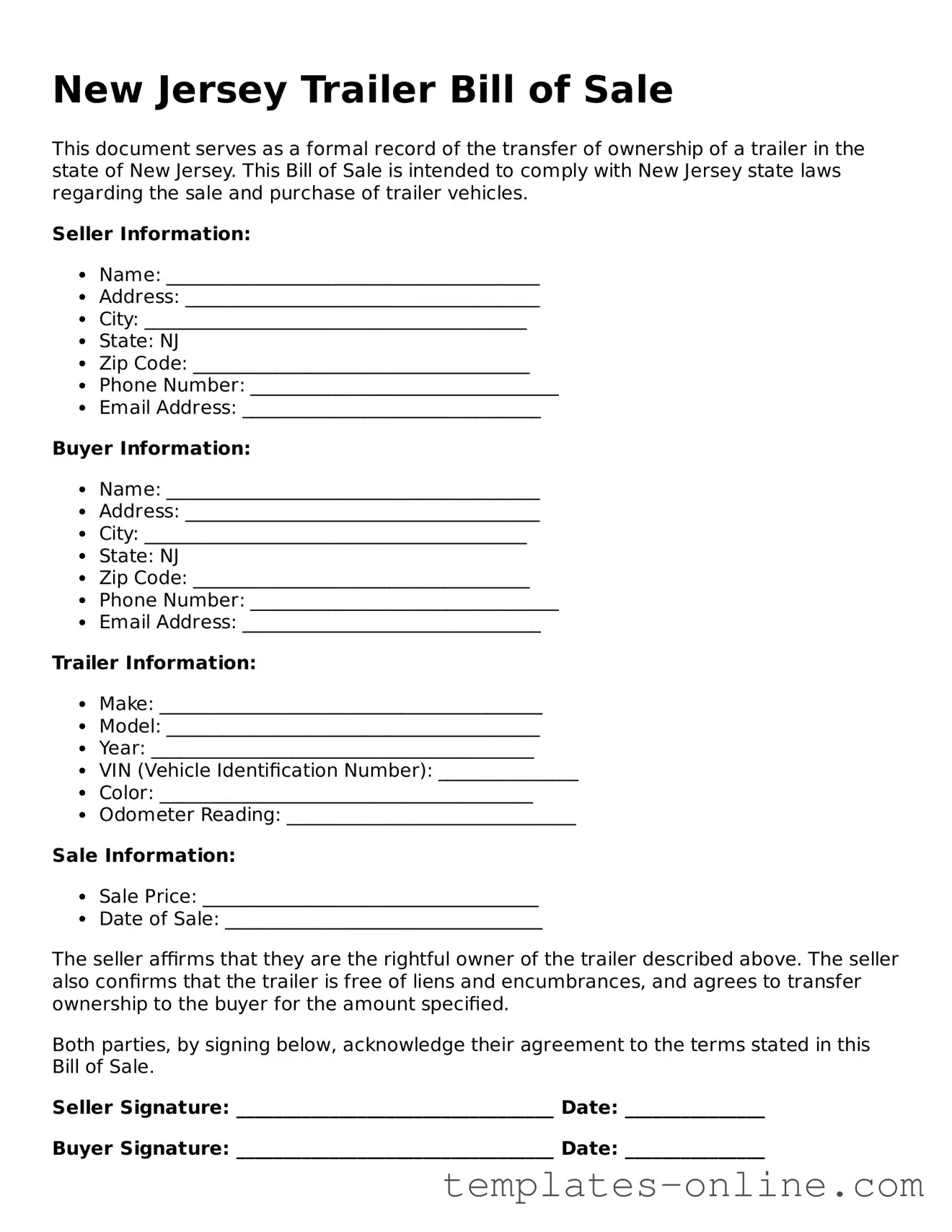 Valid  Trailer Bill of Sale Template for New Jersey