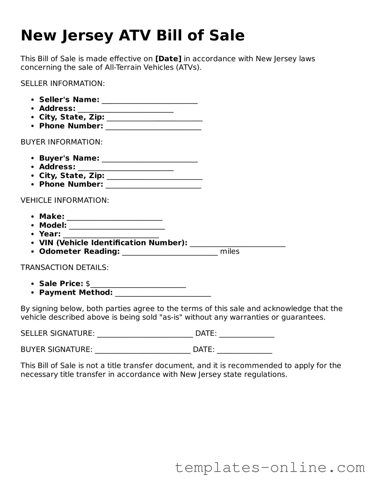 Valid  ATV Bill of Sale Template for New Jersey