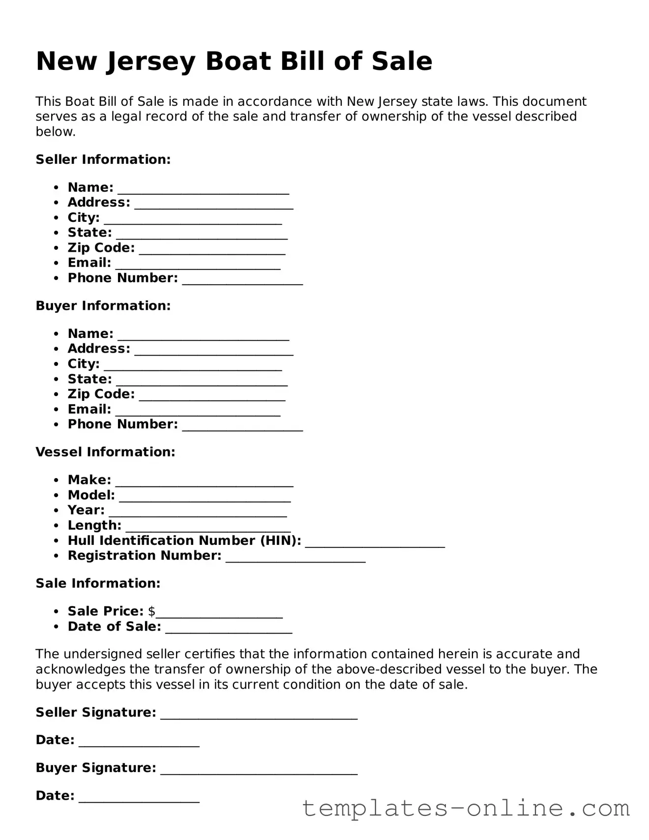 Valid  Boat Bill of Sale Template for New Jersey