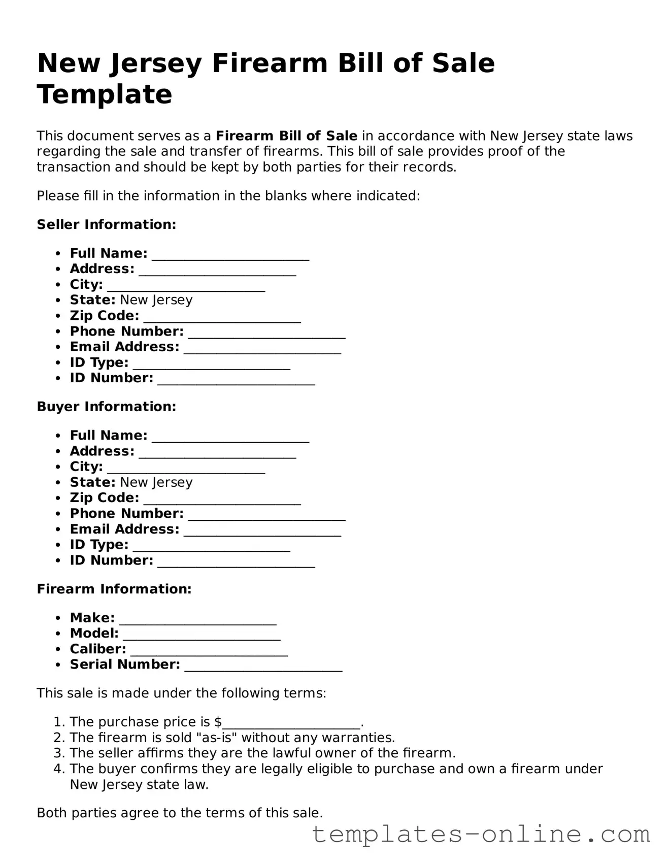 Valid  Firearm Bill of Sale Template for New Jersey