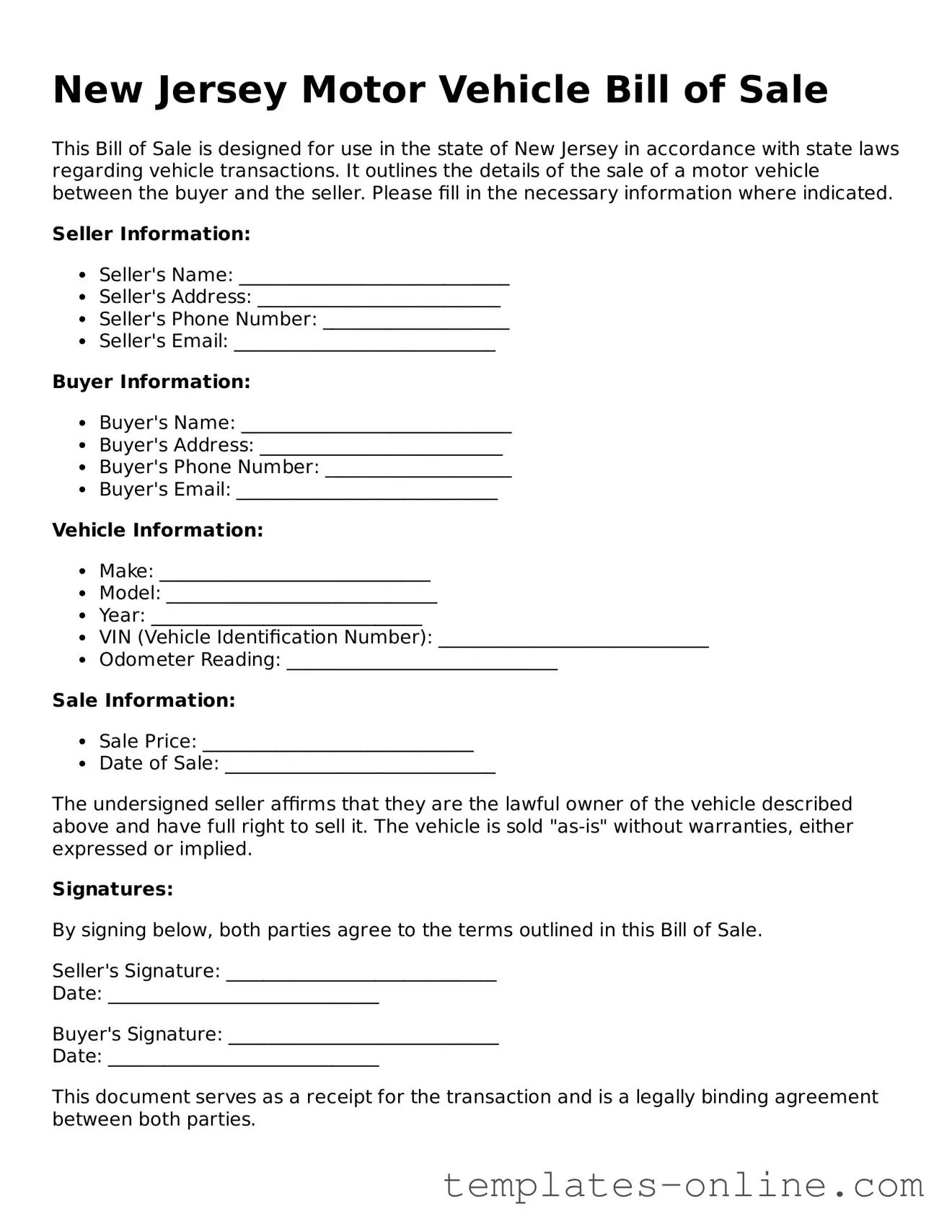 Valid  Motor Vehicle Bill of Sale Template for New Jersey