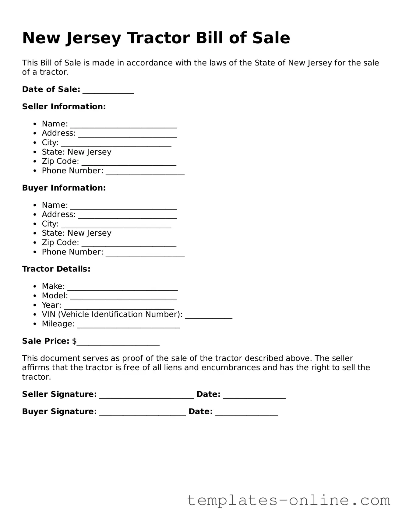 Valid  Tractor Bill of Sale Template for New Jersey