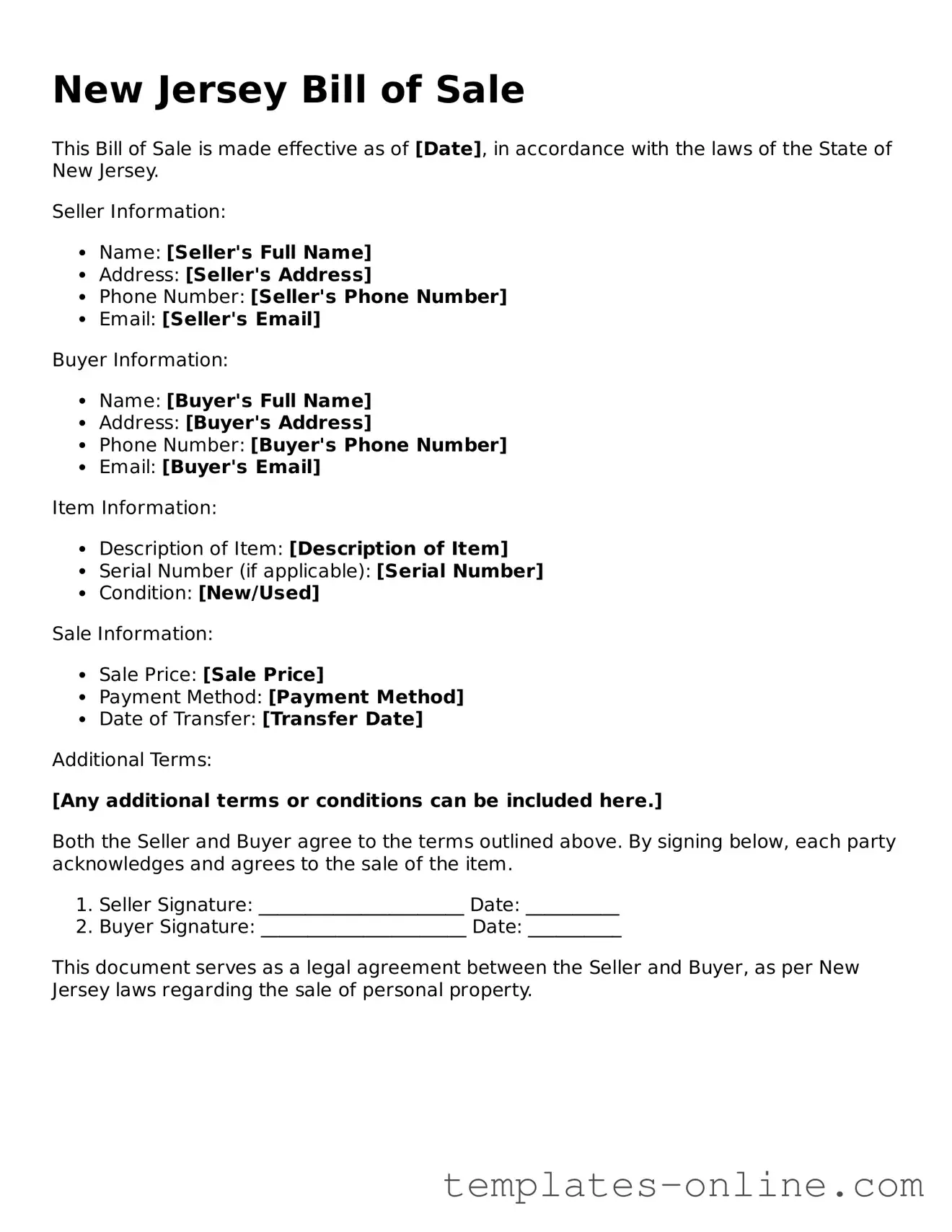 Valid  Bill of Sale Template for New Jersey