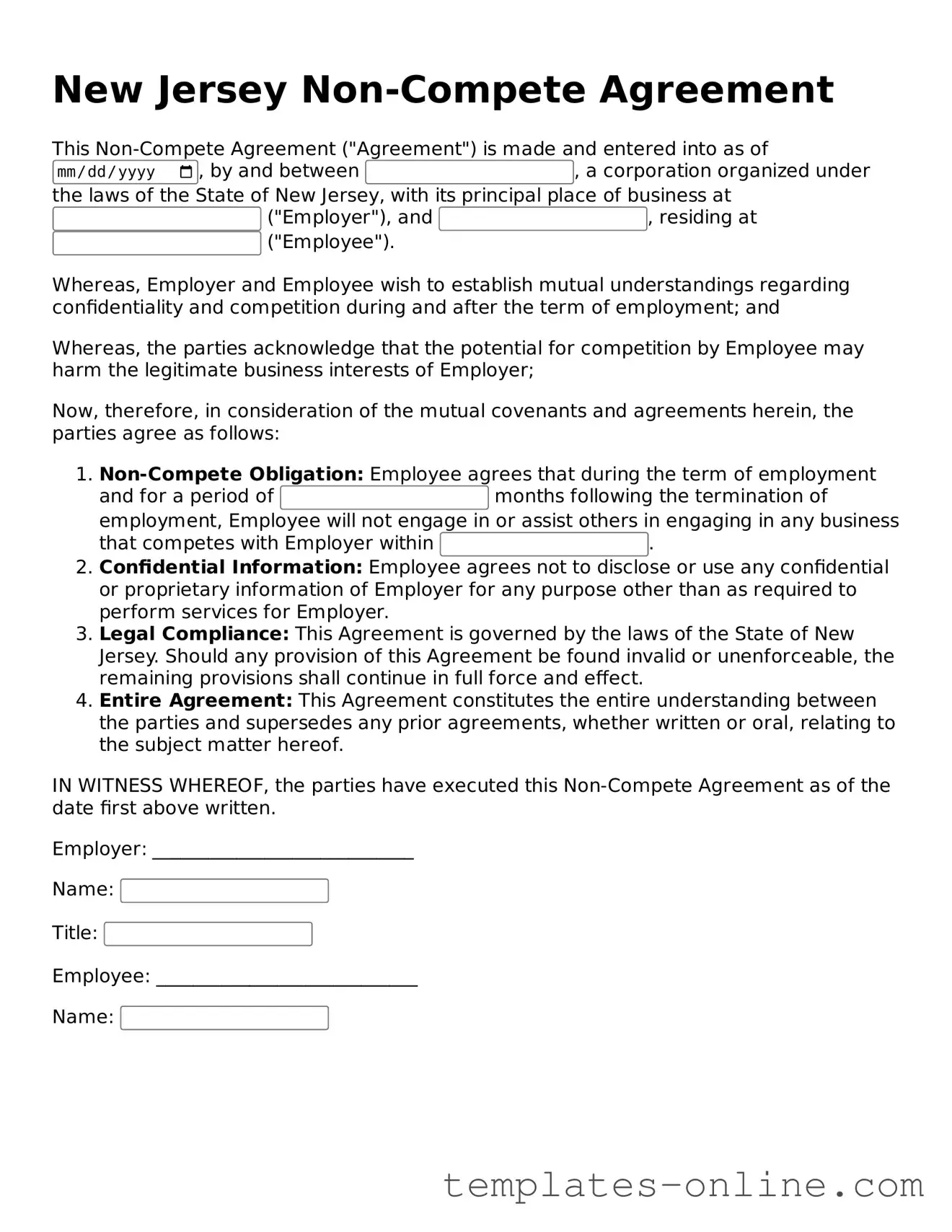 Valid  Non-compete Agreement Template for New Jersey