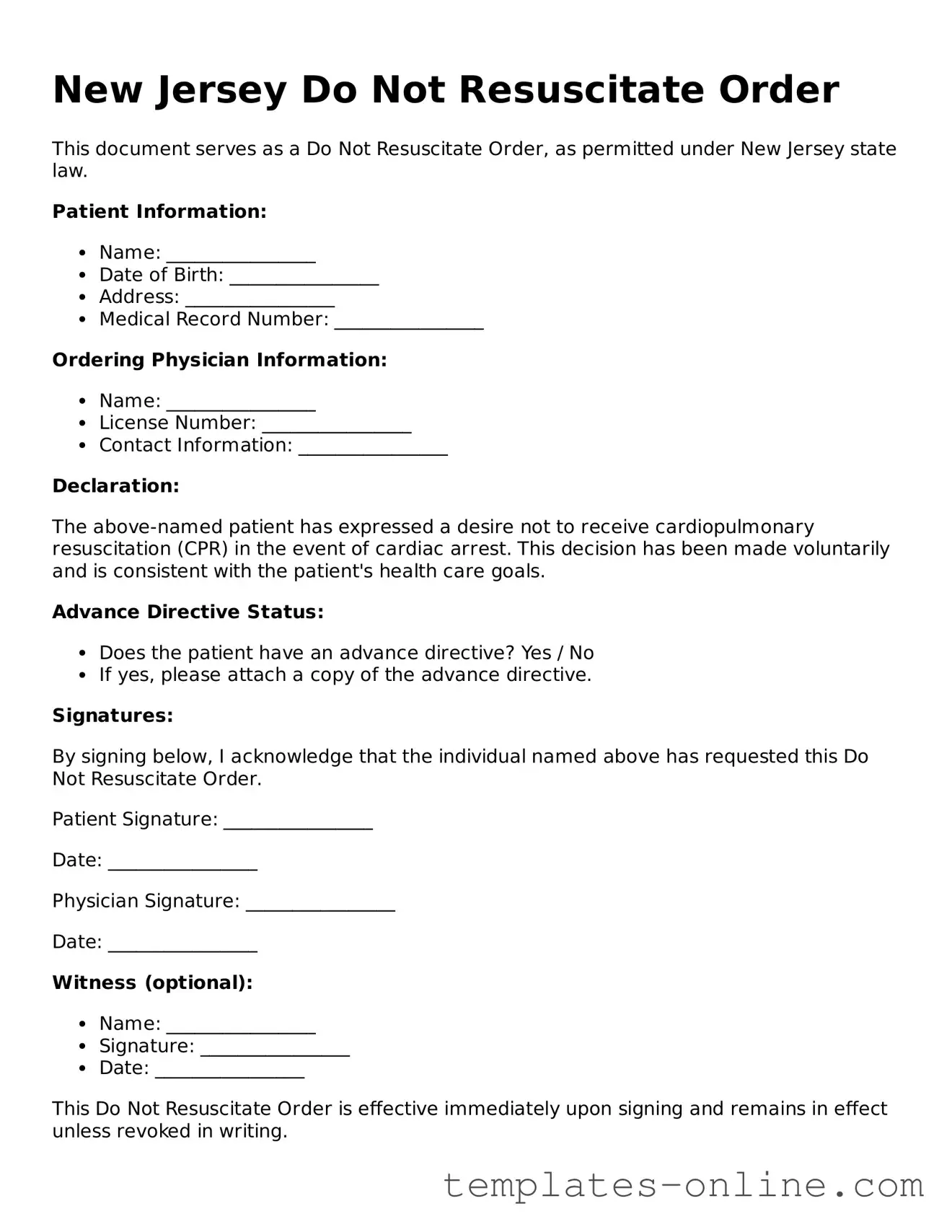 Valid  Do Not Resuscitate Order Template for New Jersey