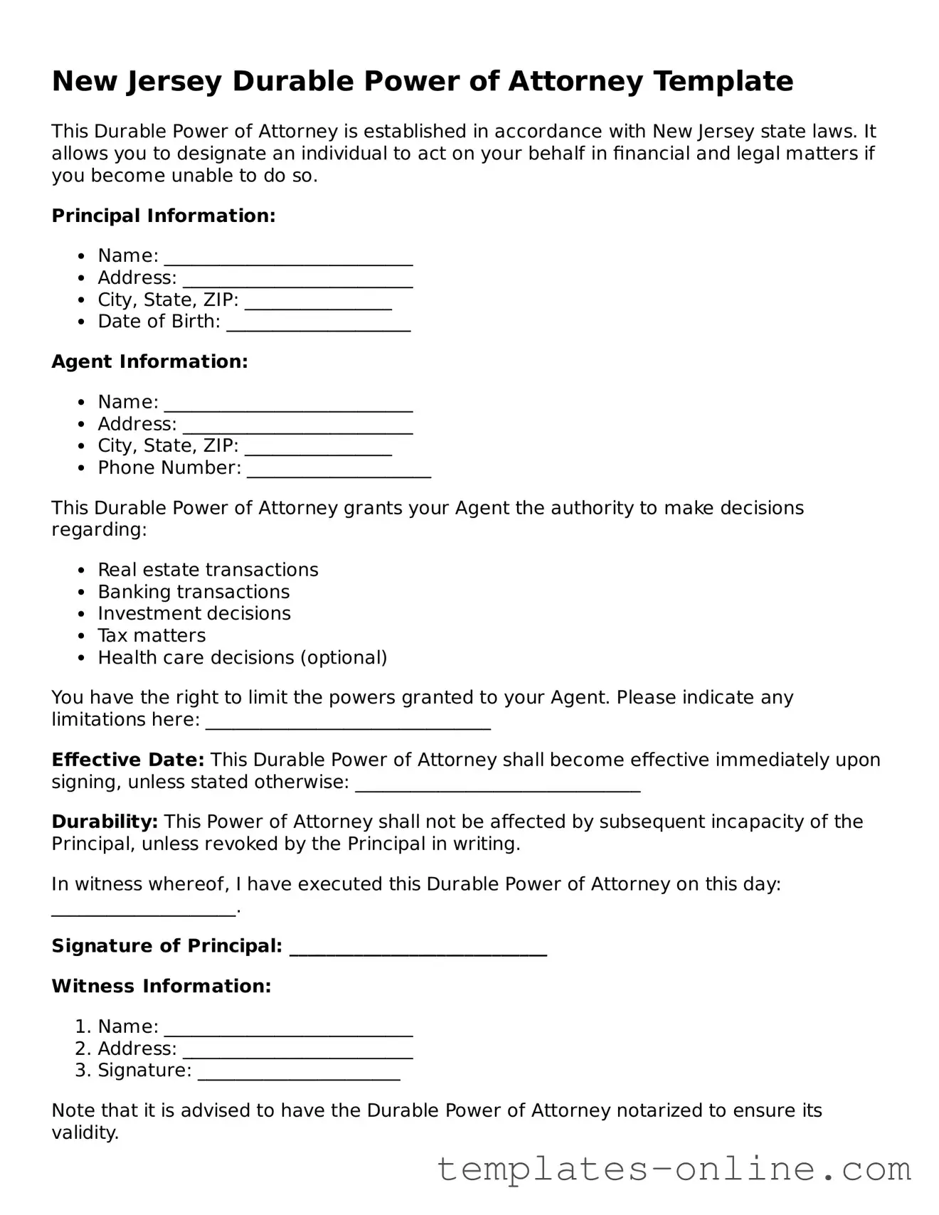 Valid  Durable Power of Attorney Template for New Jersey
