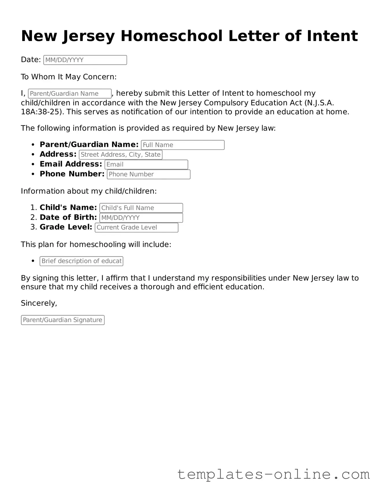 Valid  Homeschool Letter of Intent Template for New Jersey