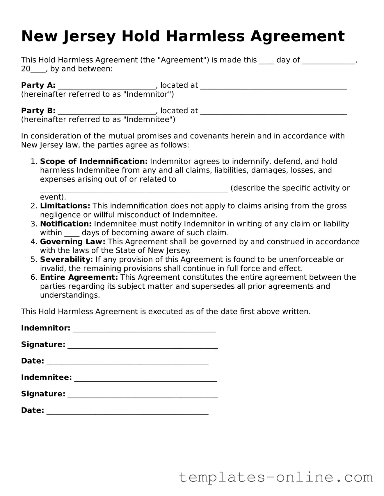 Valid  Hold Harmless Agreement Template for New Jersey