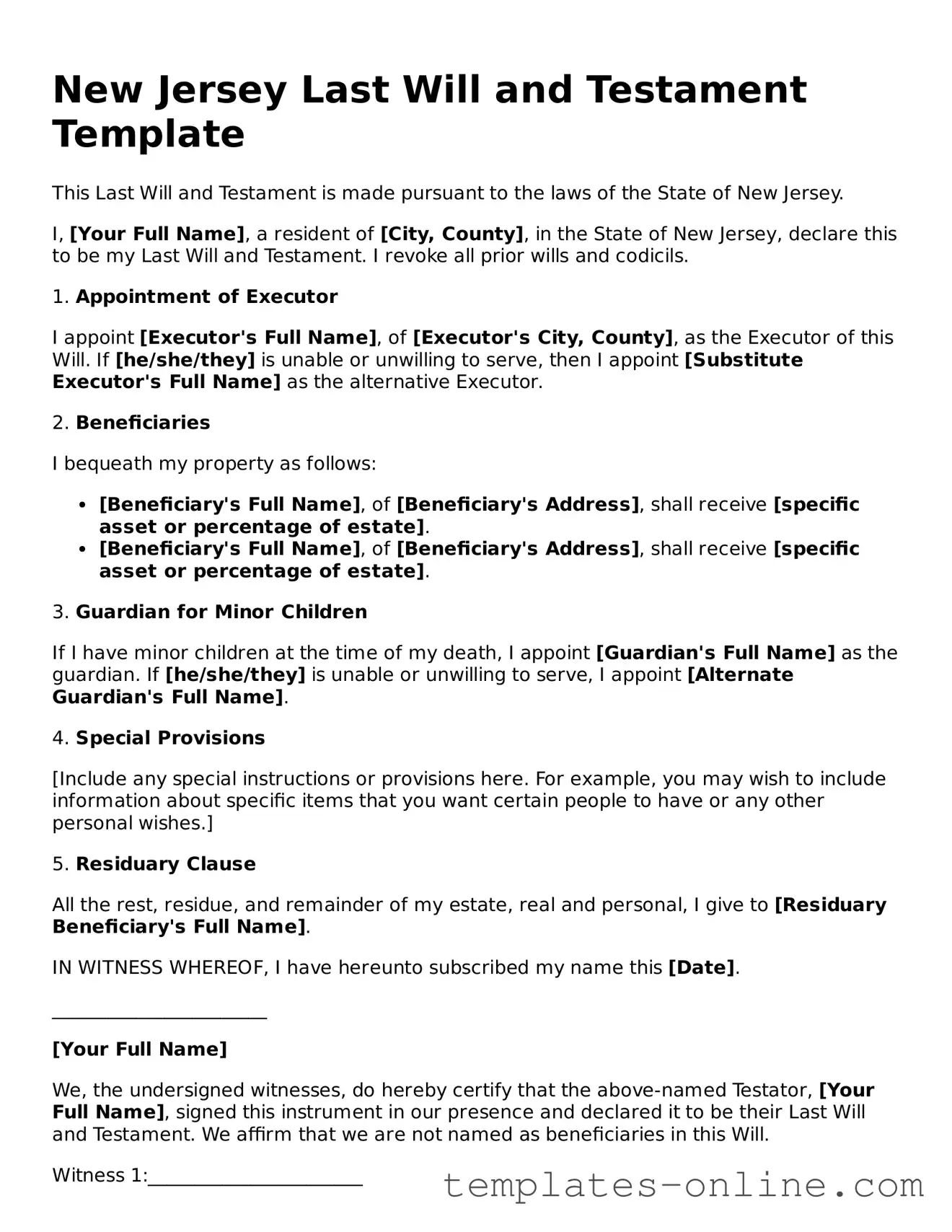 Valid  Last Will and Testament Template for New Jersey