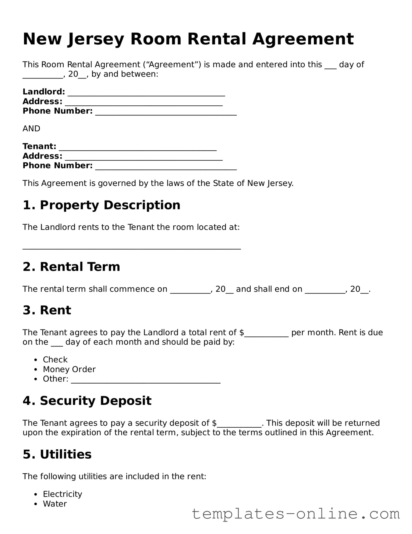 Valid  Room Rental Agreement Template for New Jersey