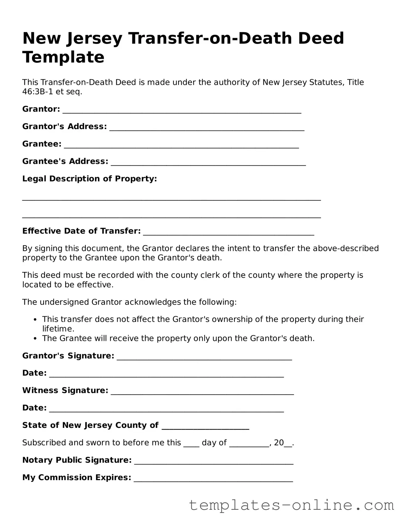 Valid  Transfer-on-Death Deed Template for New Jersey