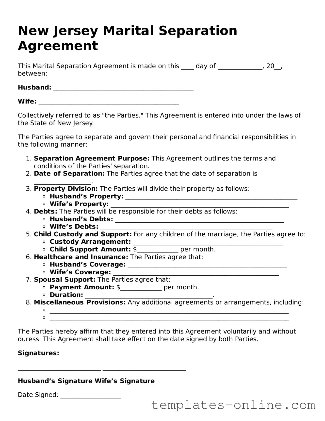Valid  Marital Separation Agreement Template for New Jersey