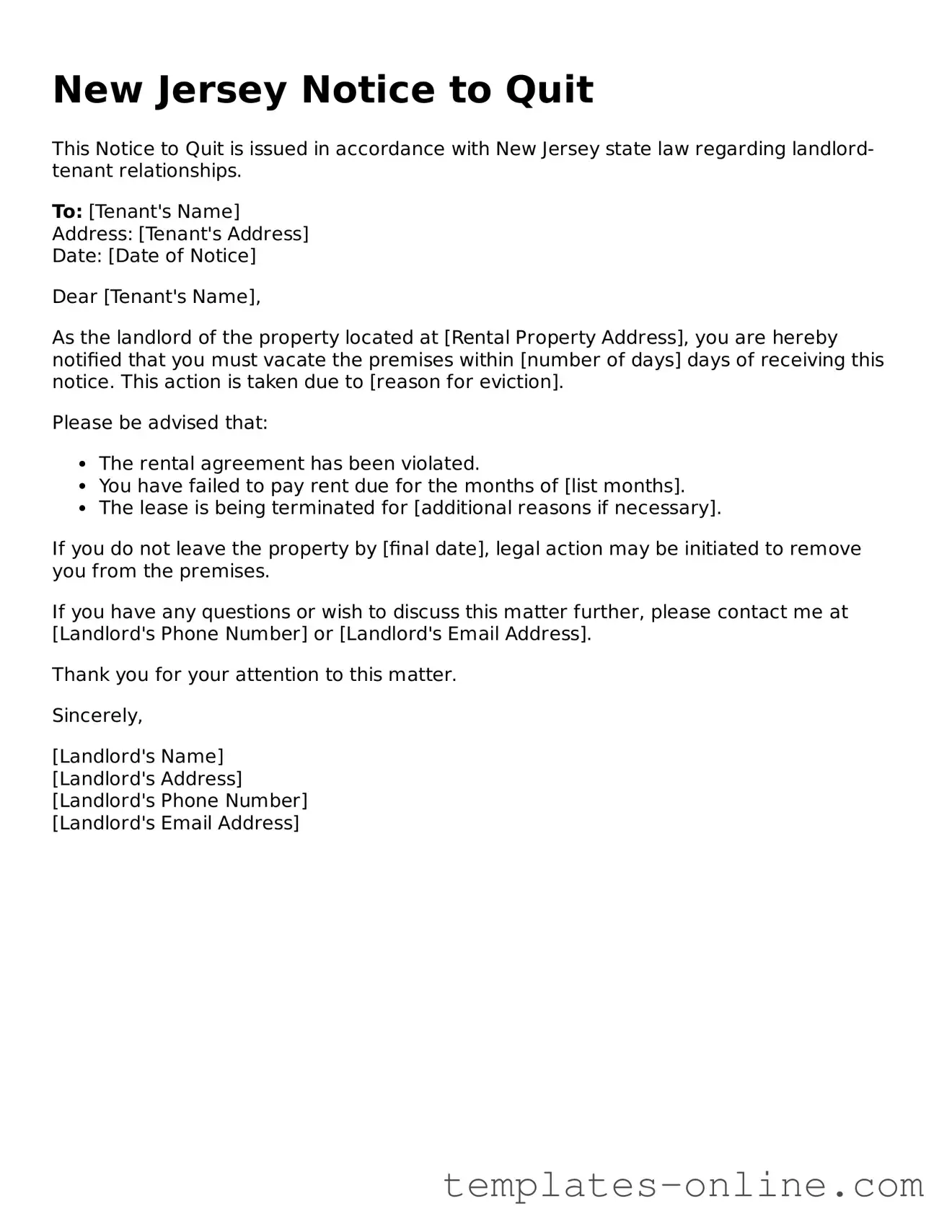 Valid  Notice to Quit Template for New Jersey