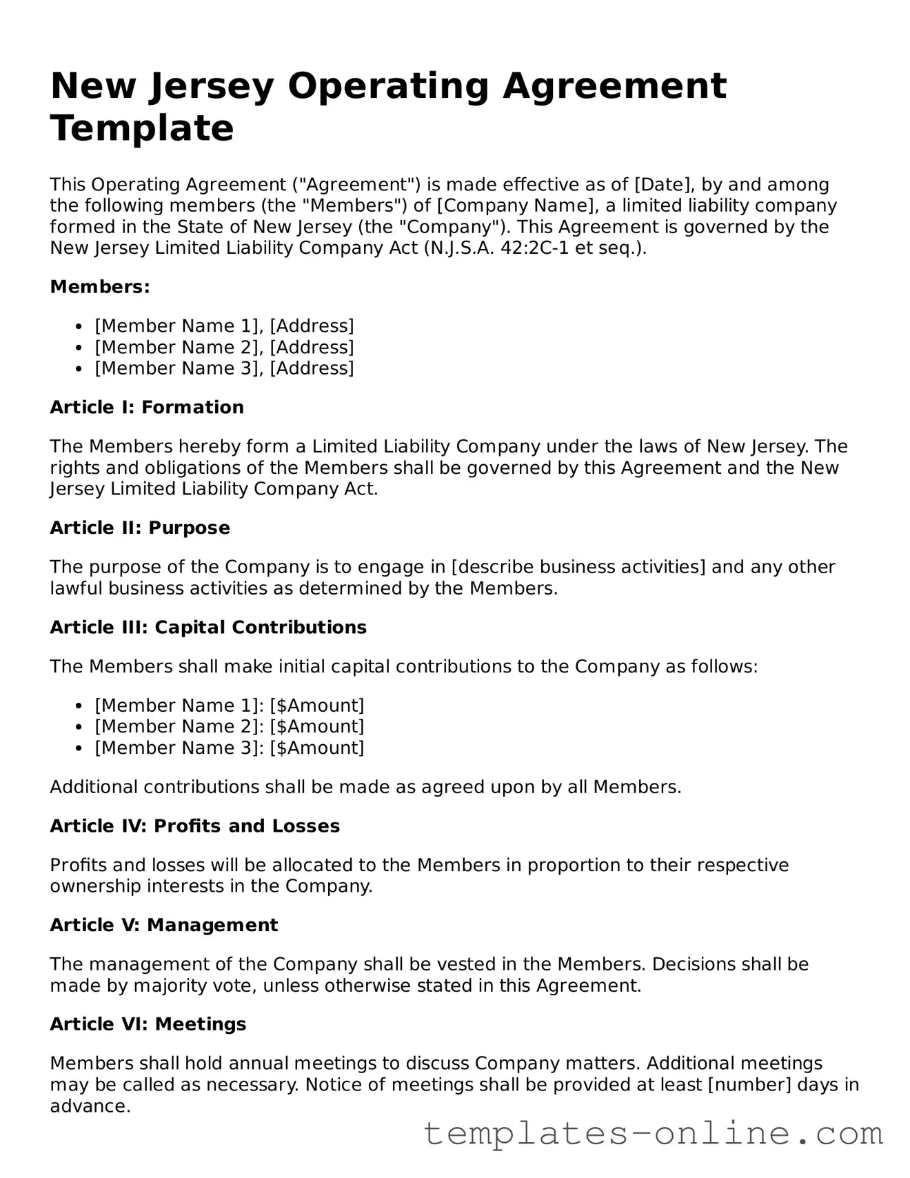 Valid  Operating Agreement Template for New Jersey