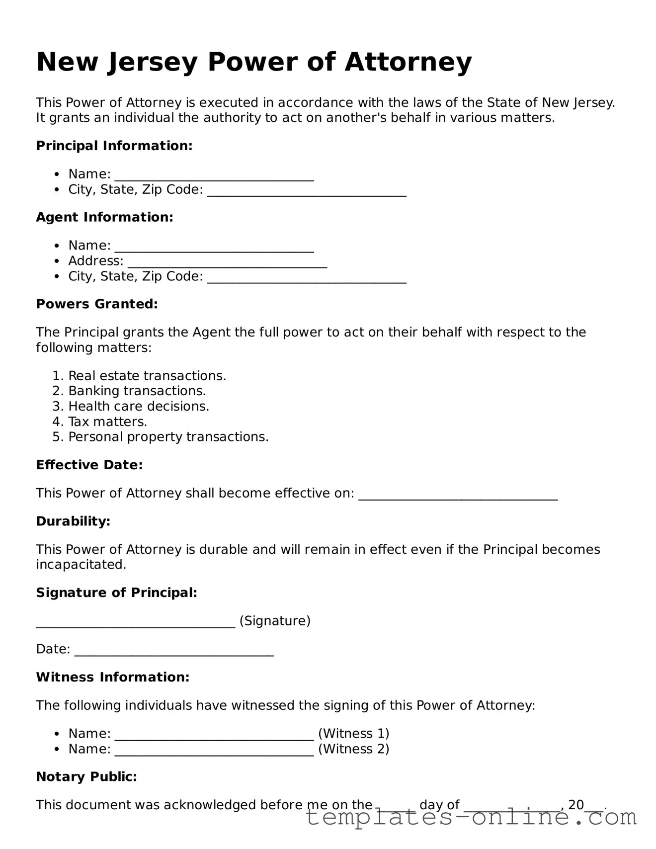 Valid  Power of Attorney Template for New Jersey