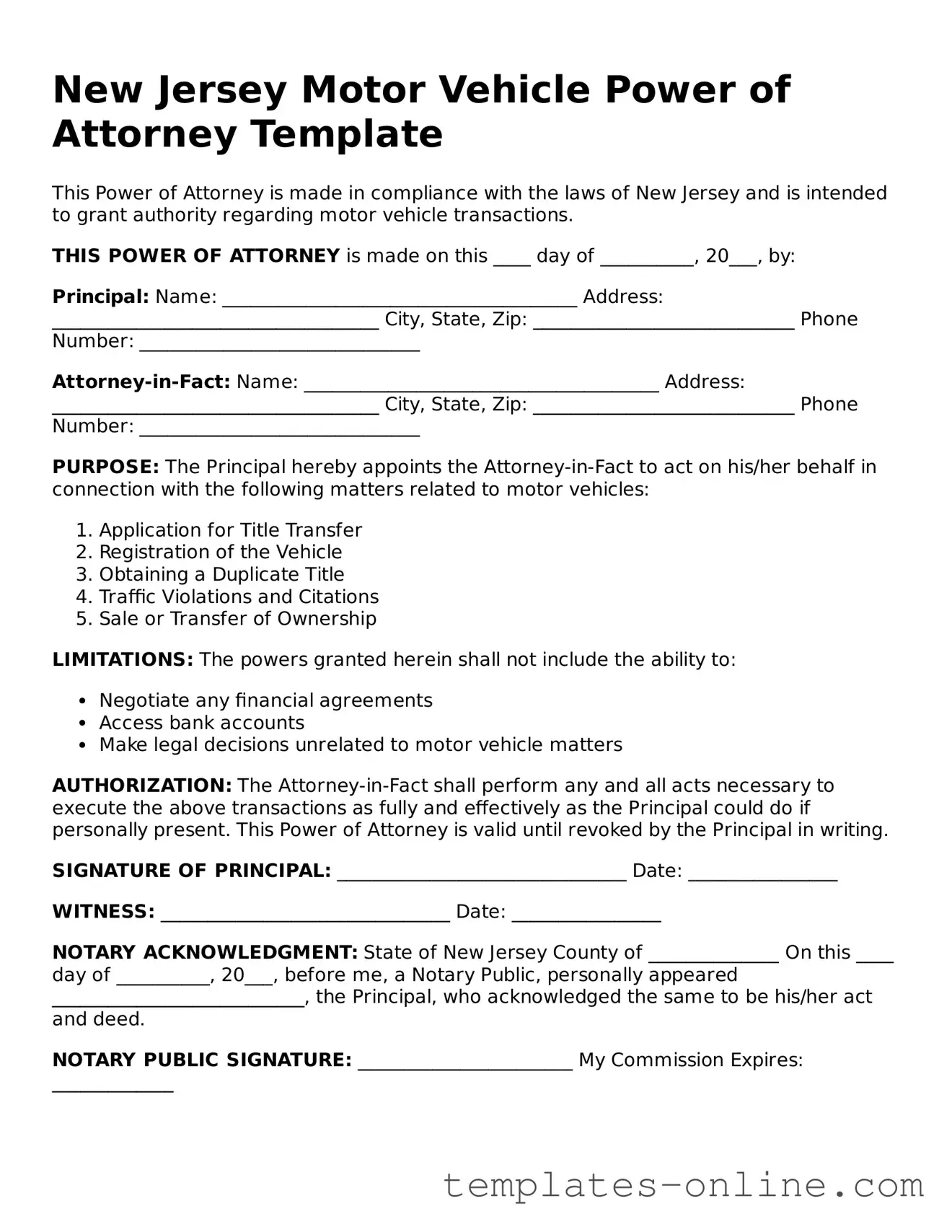 Valid  Motor Vehicle Power of Attorney Template for New Jersey