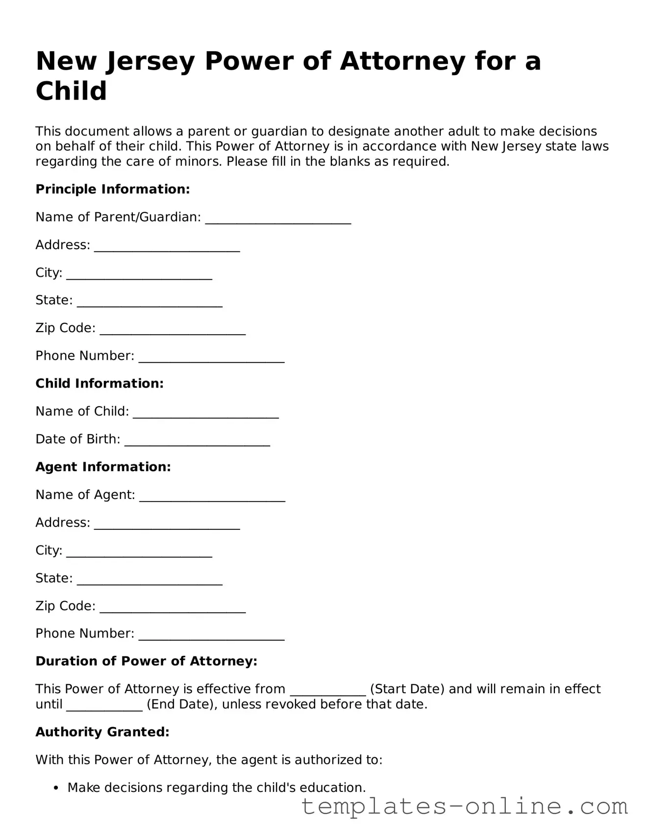 Valid  Power of Attorney for a Child Template for New Jersey
