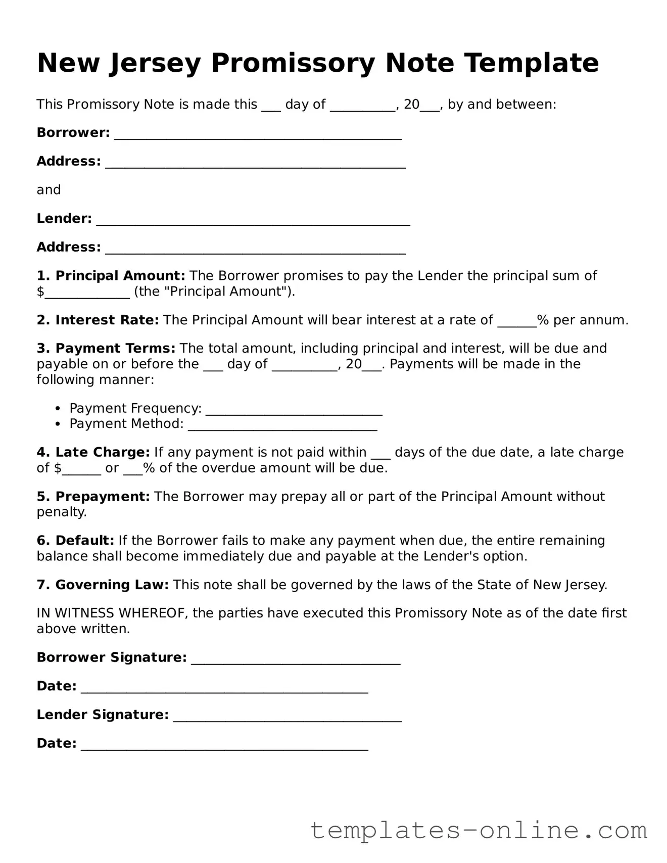 Valid  Promissory Note Template for New Jersey