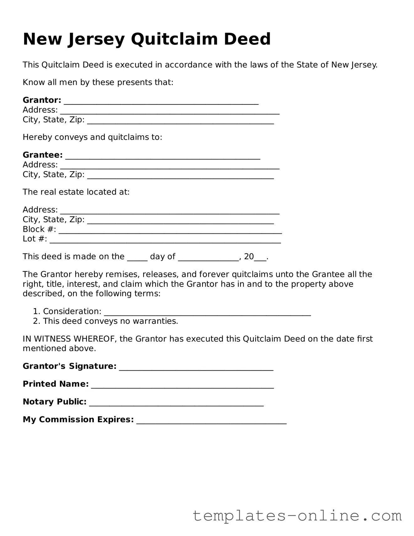 Valid  Quitclaim Deed Template for New Jersey