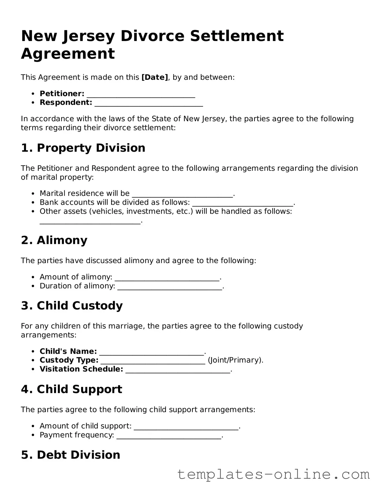 Valid  Divorce Settlement Agreement Template for New Jersey
