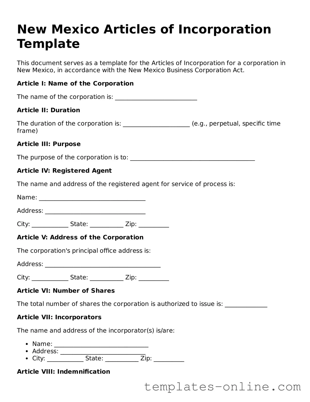 Valid  Articles of Incorporation Template for New Mexico