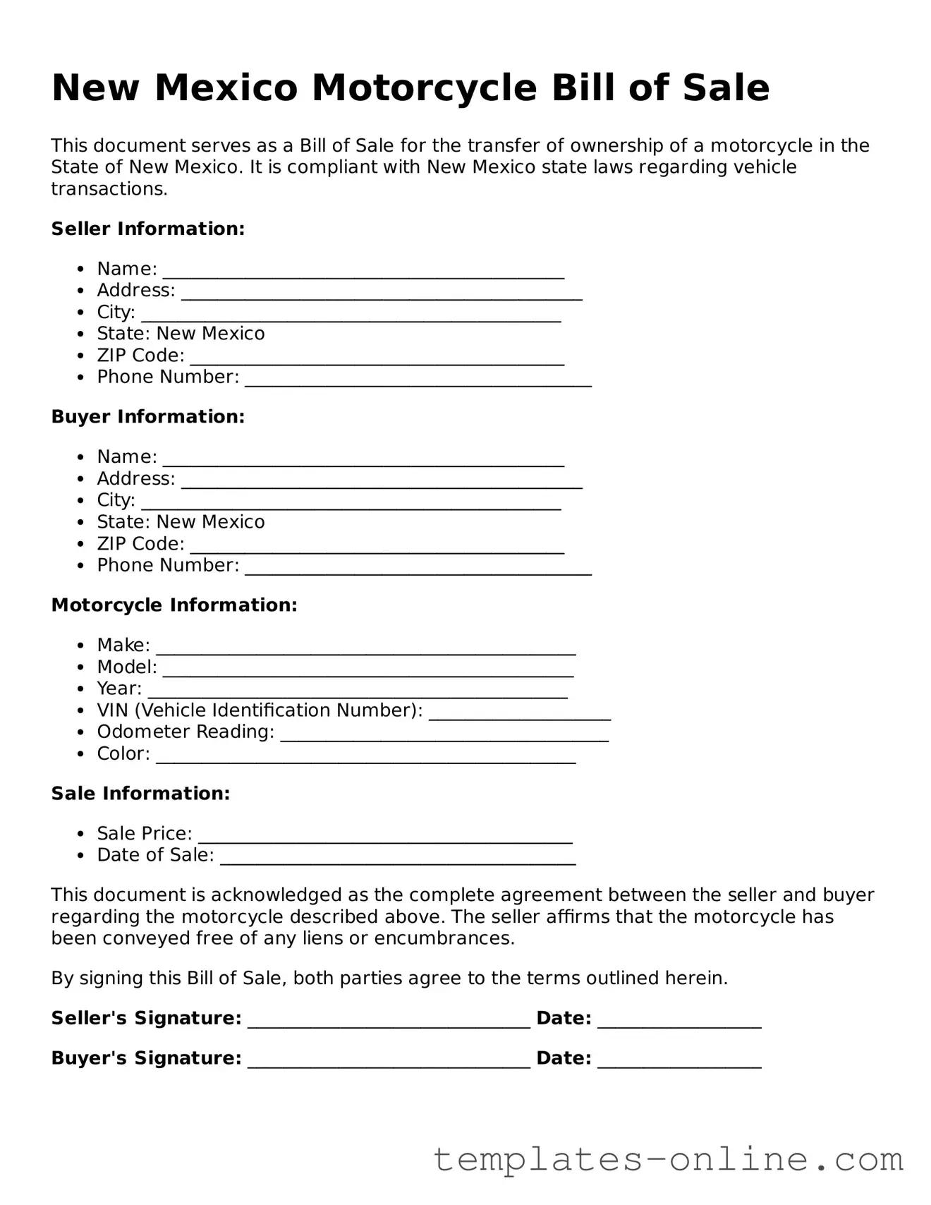 Valid  Motorcycle Bill of Sale Template for New Mexico