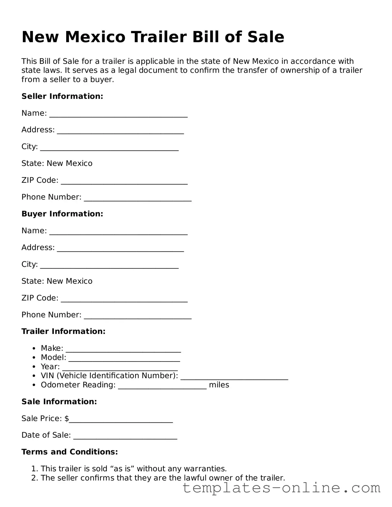 Valid  Trailer Bill of Sale Template for New Mexico
