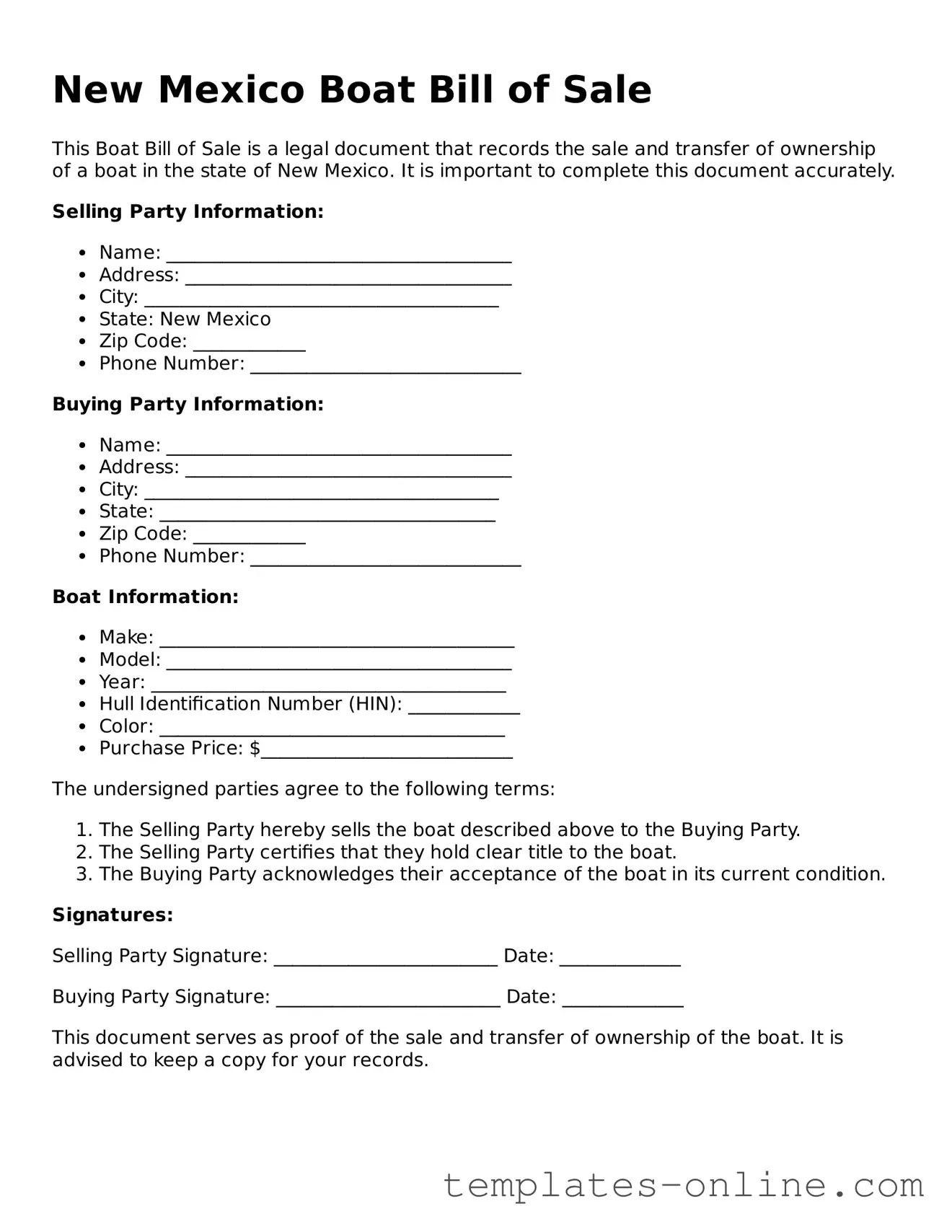 Valid  Boat Bill of Sale Template for New Mexico