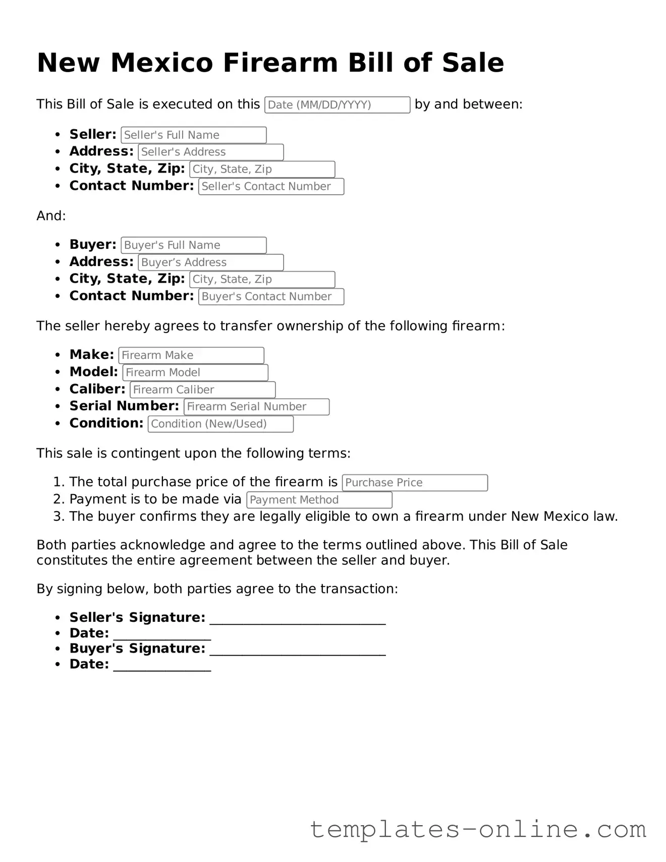 Valid  Firearm Bill of Sale Template for New Mexico