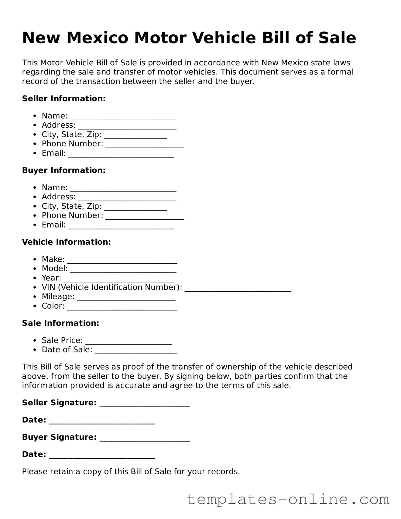 Valid  Motor Vehicle Bill of Sale Template for New Mexico