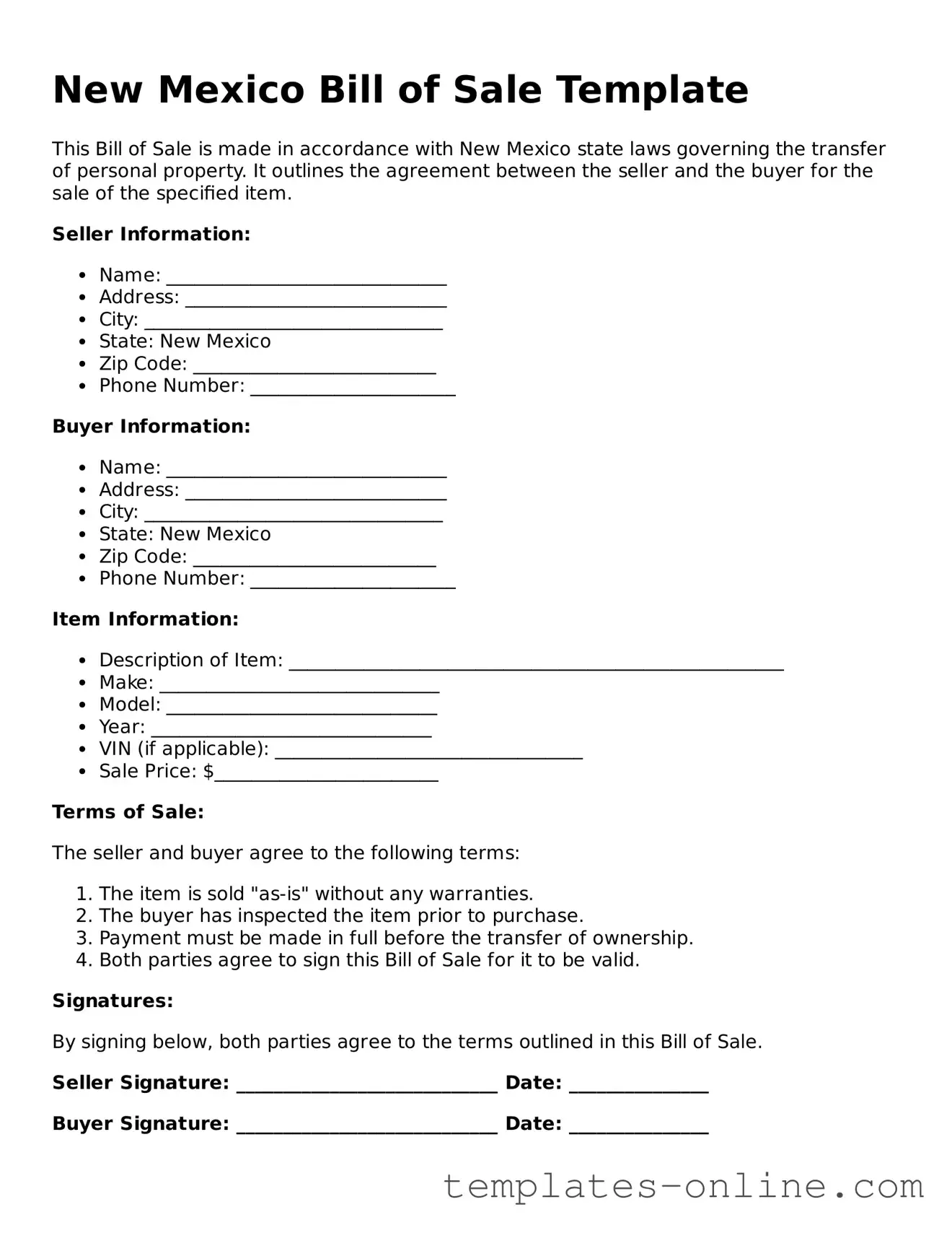 Valid  Bill of Sale Template for New Mexico