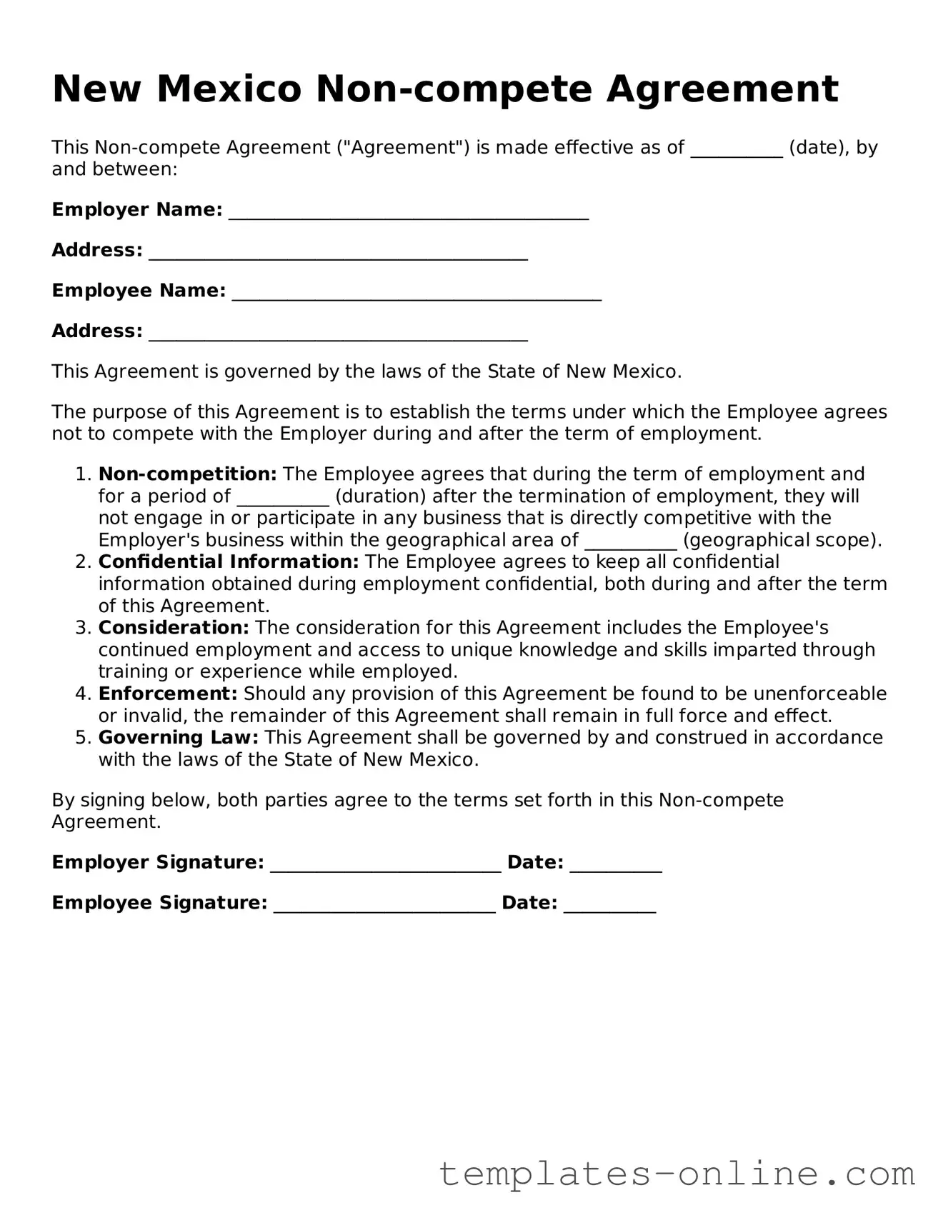 Valid  Non-compete Agreement Template for New Mexico