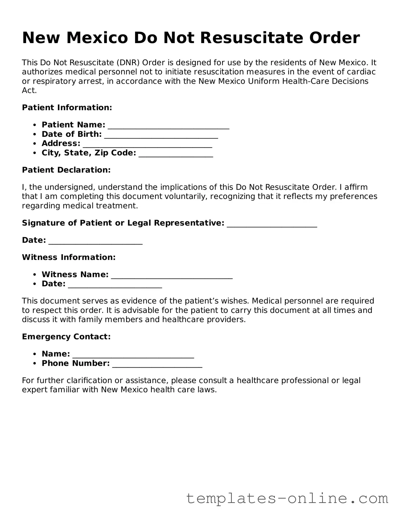 Valid  Do Not Resuscitate Order Template for New Mexico