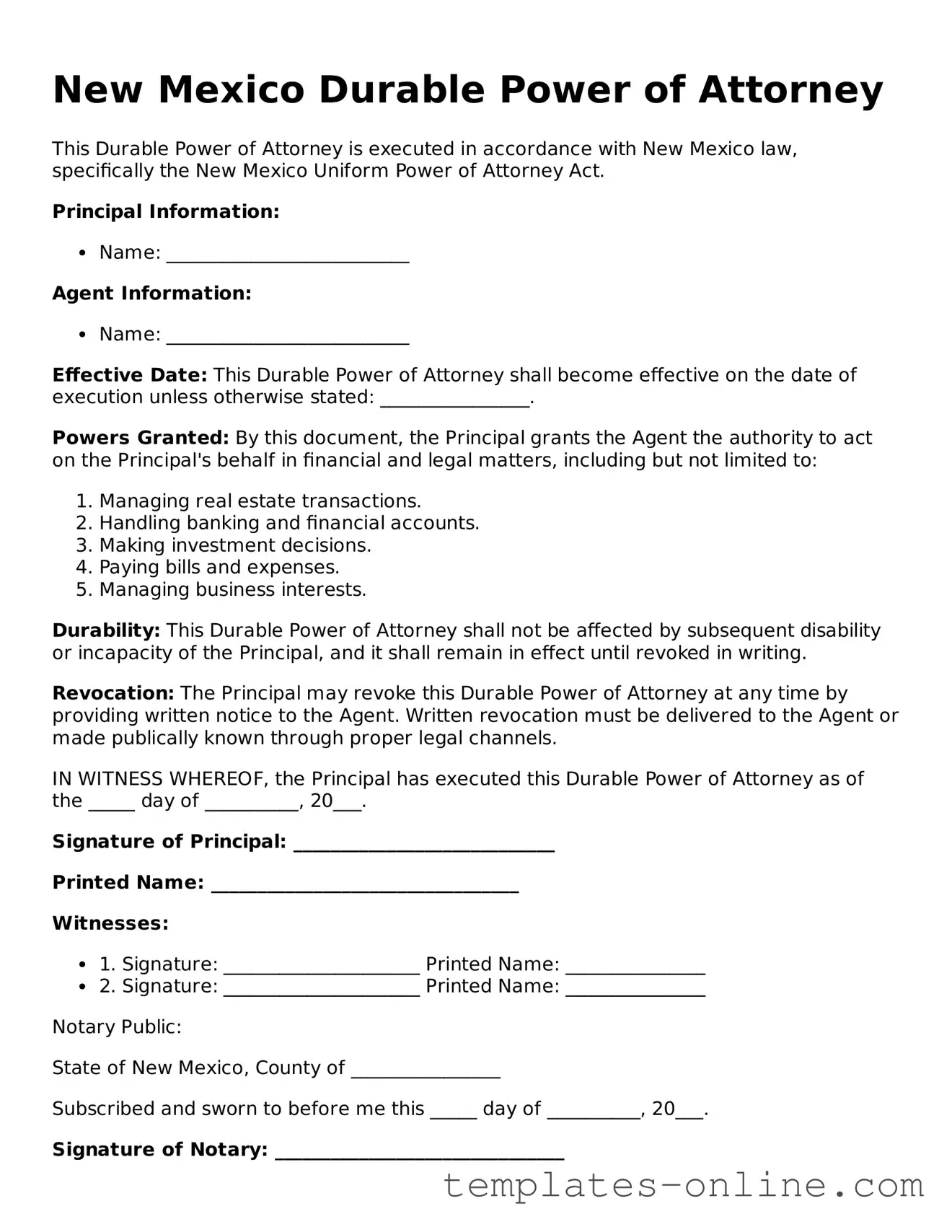 Valid  Durable Power of Attorney Template for New Mexico