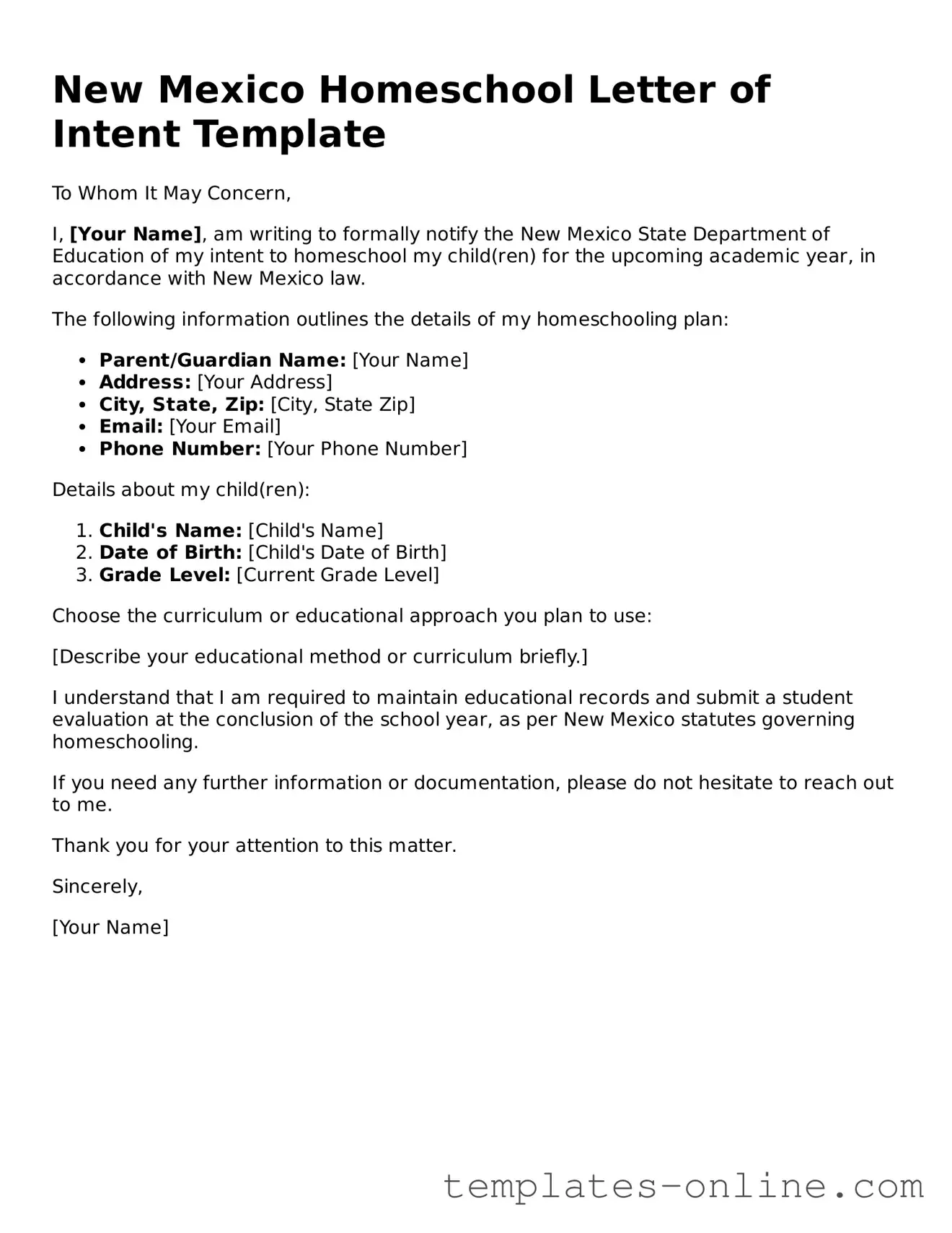 Valid  Homeschool Letter of Intent Template for New Mexico