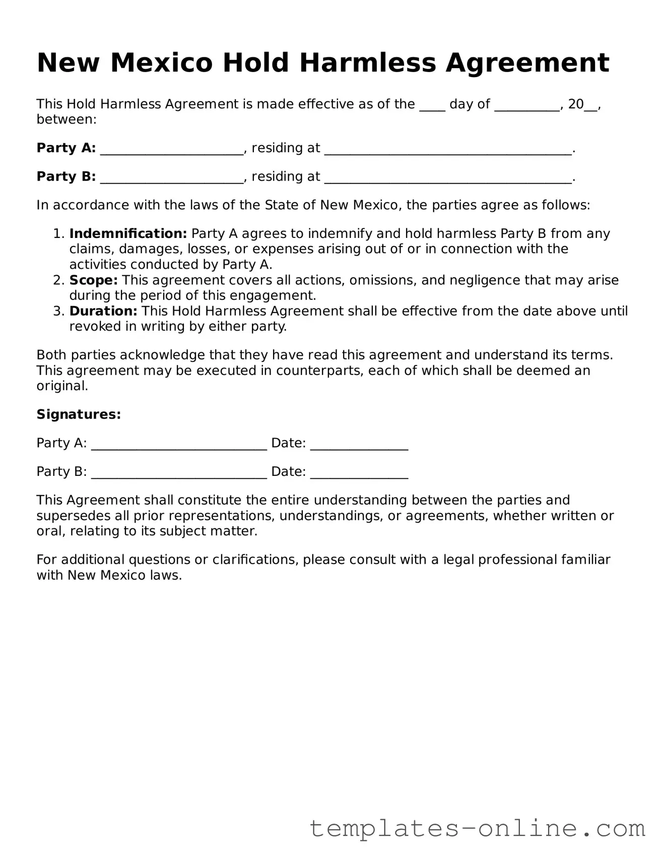 Valid  Hold Harmless Agreement Template for New Mexico