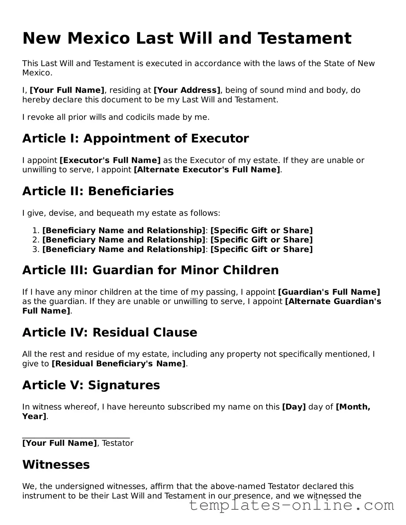 Valid  Last Will and Testament Template for New Mexico