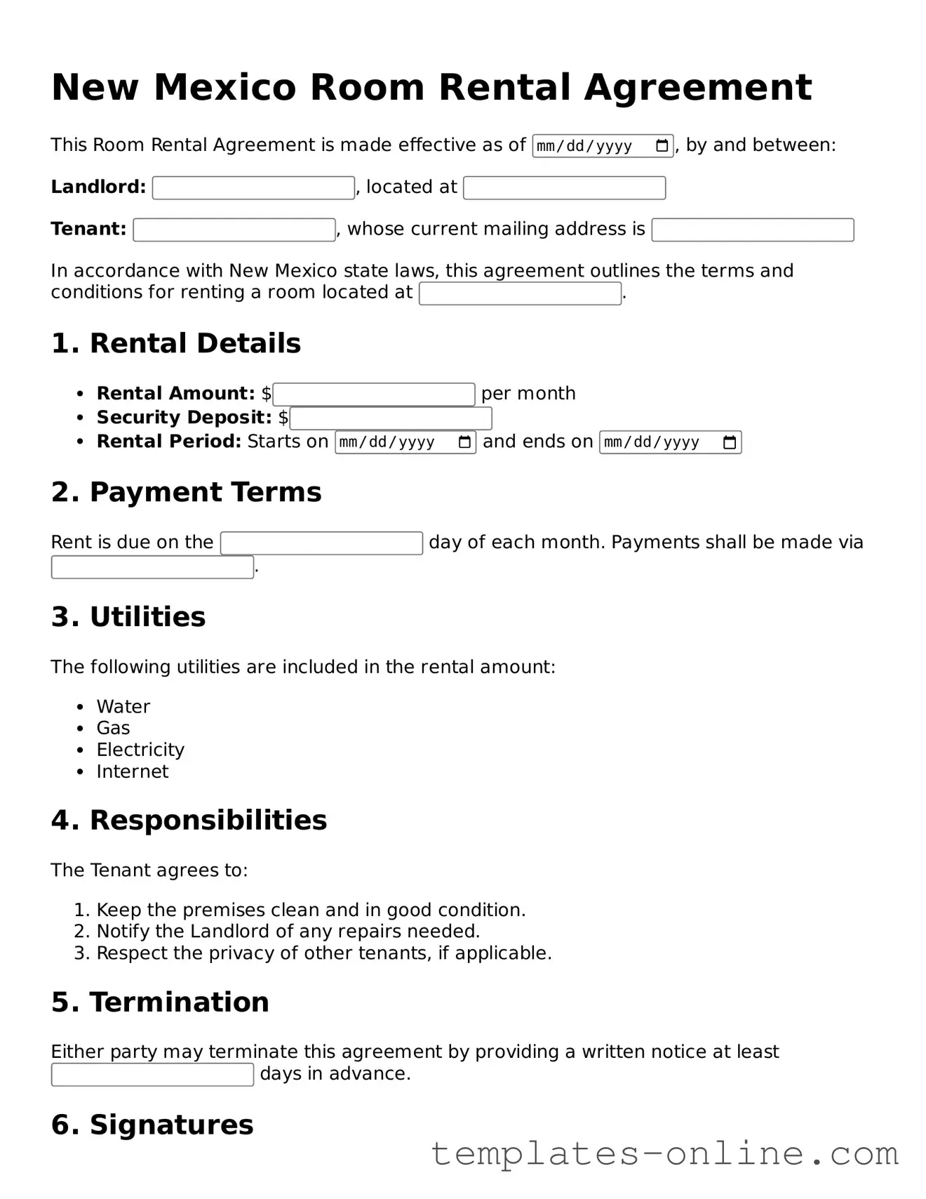 Valid  Room Rental Agreement Template for New Mexico