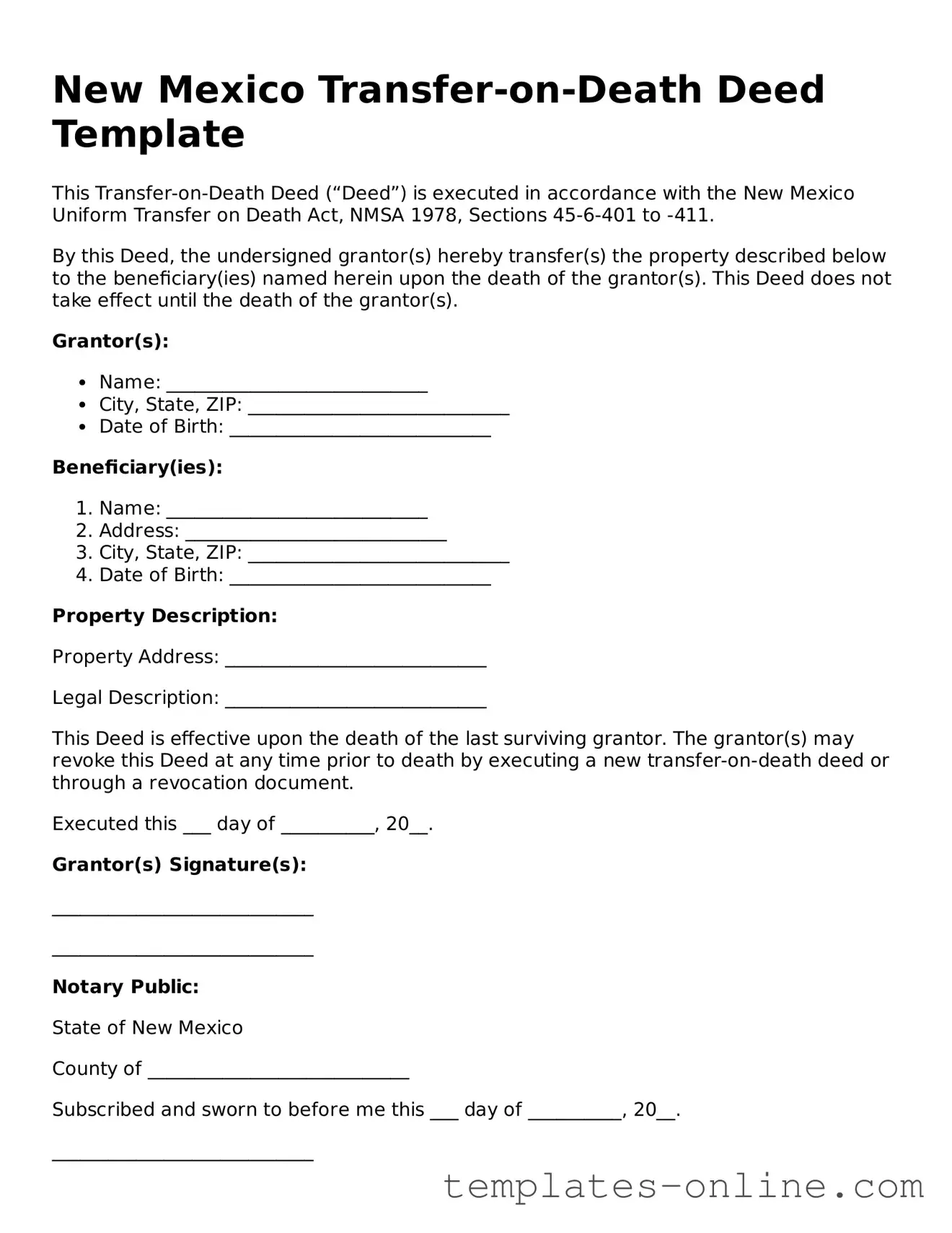 Valid  Transfer-on-Death Deed Template for New Mexico