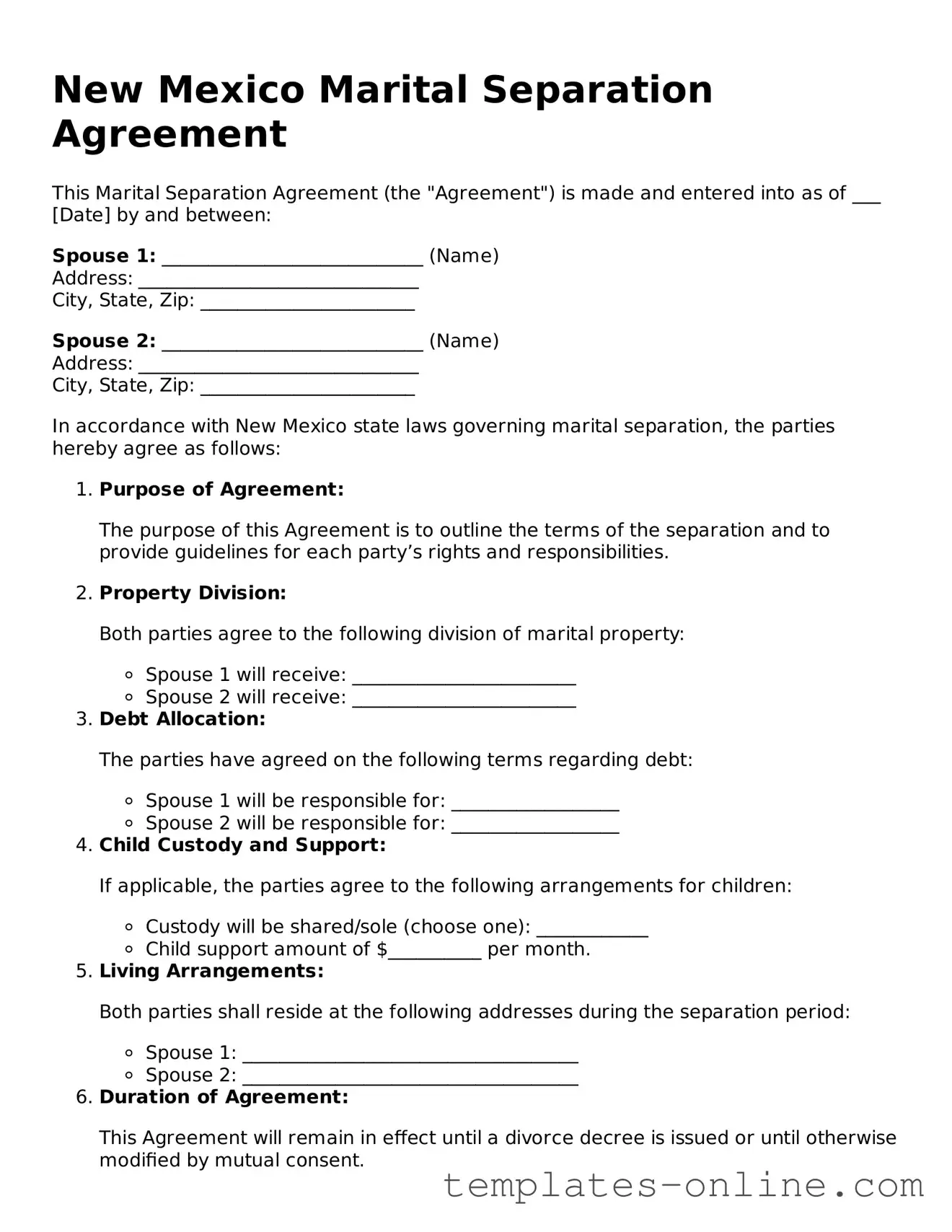 Valid  Marital Separation Agreement Template for New Mexico