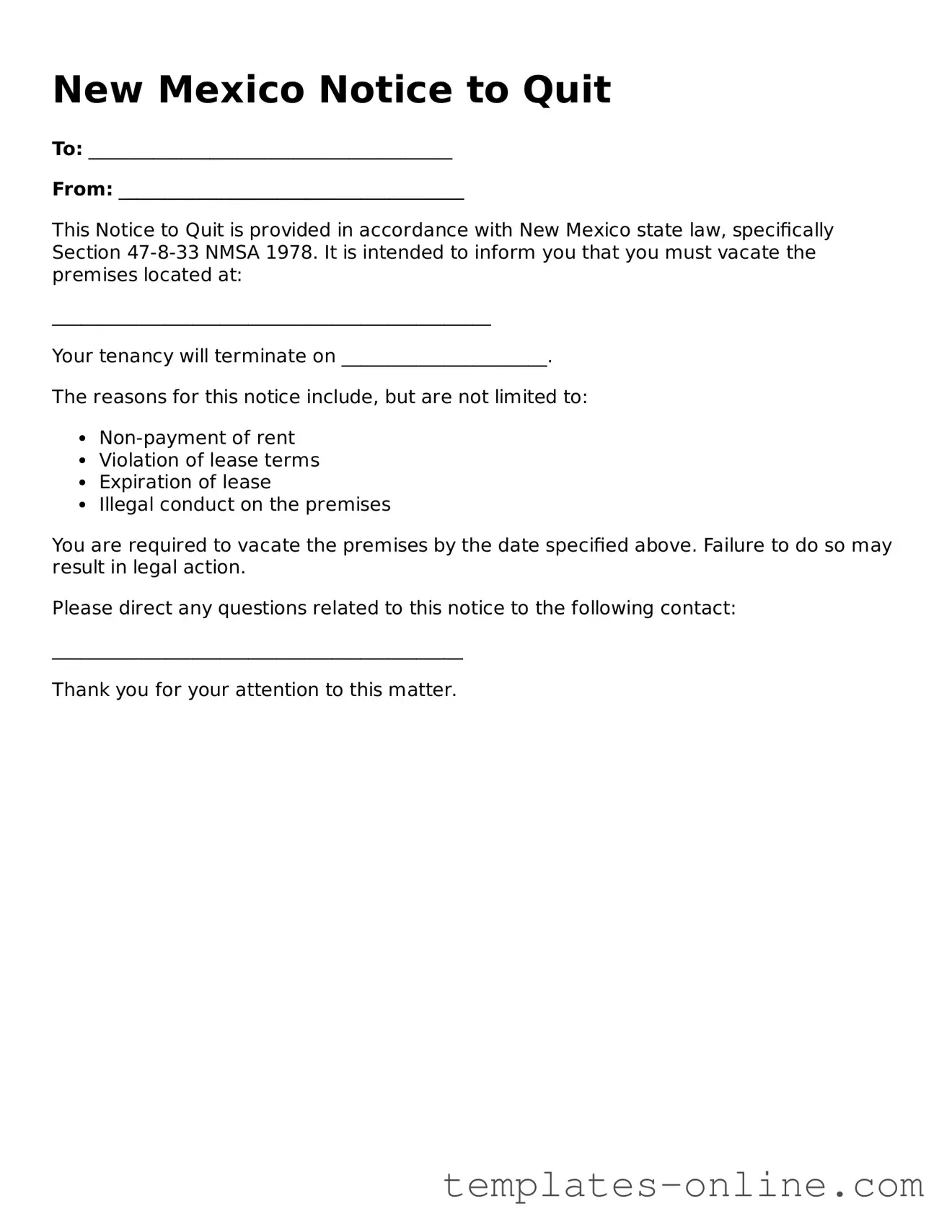 Valid  Notice to Quit Template for New Mexico