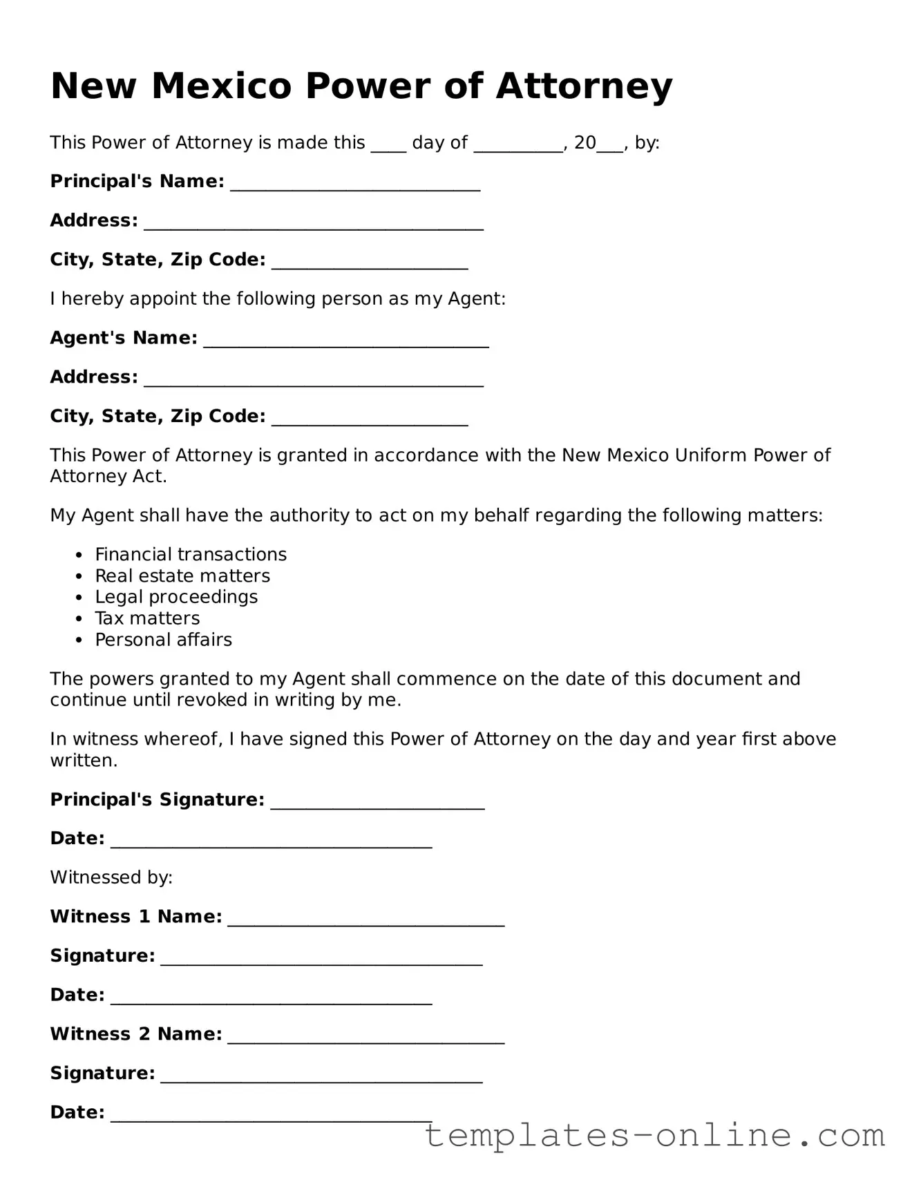 Valid  Power of Attorney Template for New Mexico